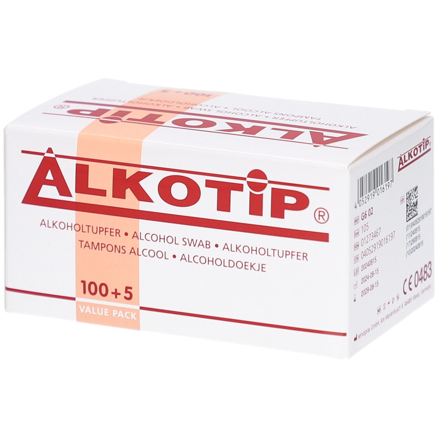 Boîte blanche ALKOTIP avec texte rouge. Contient des tampons alcoolisés. Inscription : 100+5. Emballage avec informations et marquage CE.