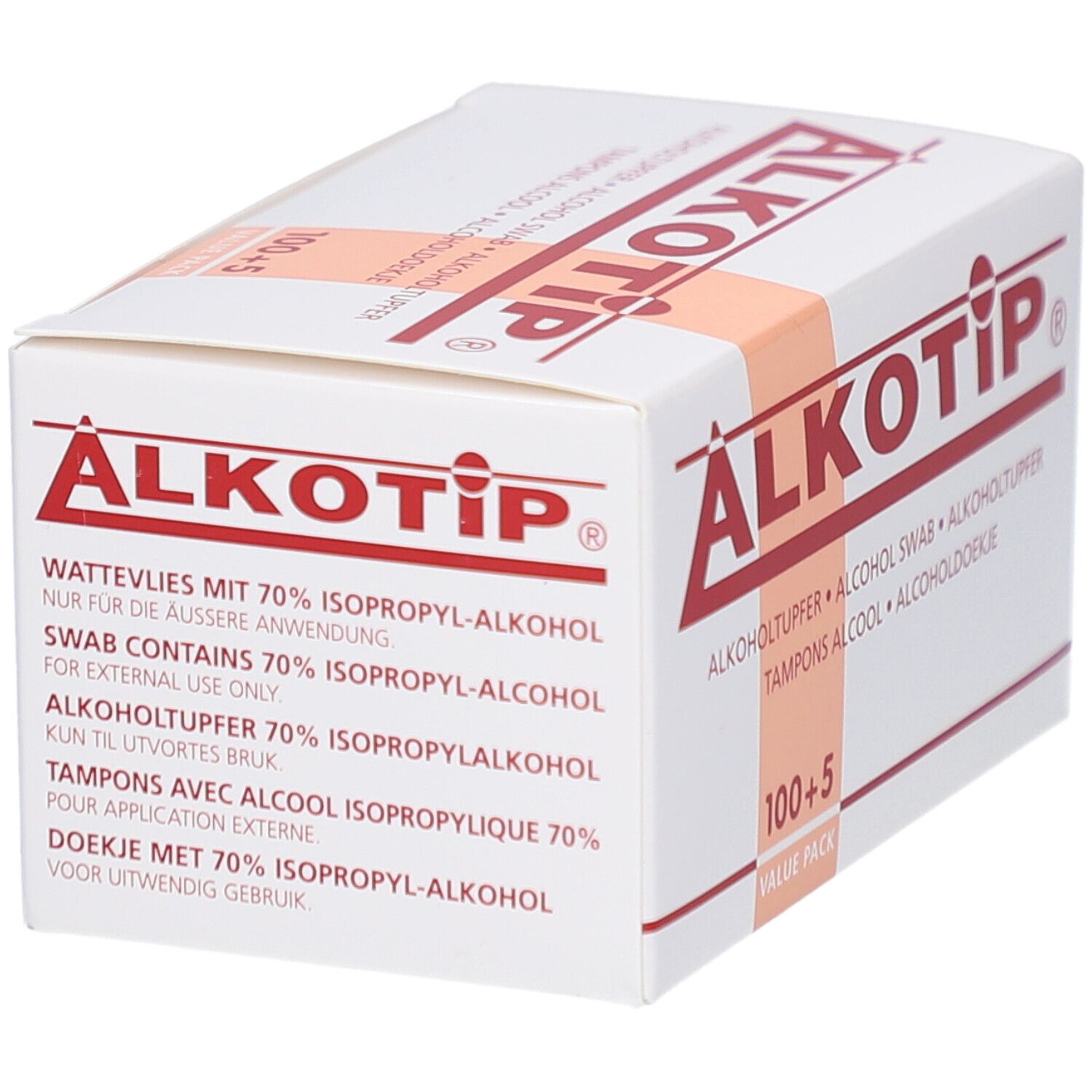 Boîte blanche ALKOTIP avec texte rouge. Contient des tampons alcoolisés. Inscription : 100+5. Informations produit et marquage CE.