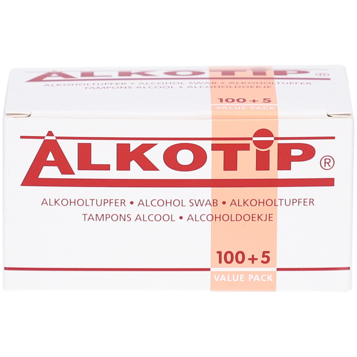 Boîte blanche ALKOTIP avec texte rouge. Contient des tampons alcoolisés. Inscription : 100+5. Emballage avec informations produit.