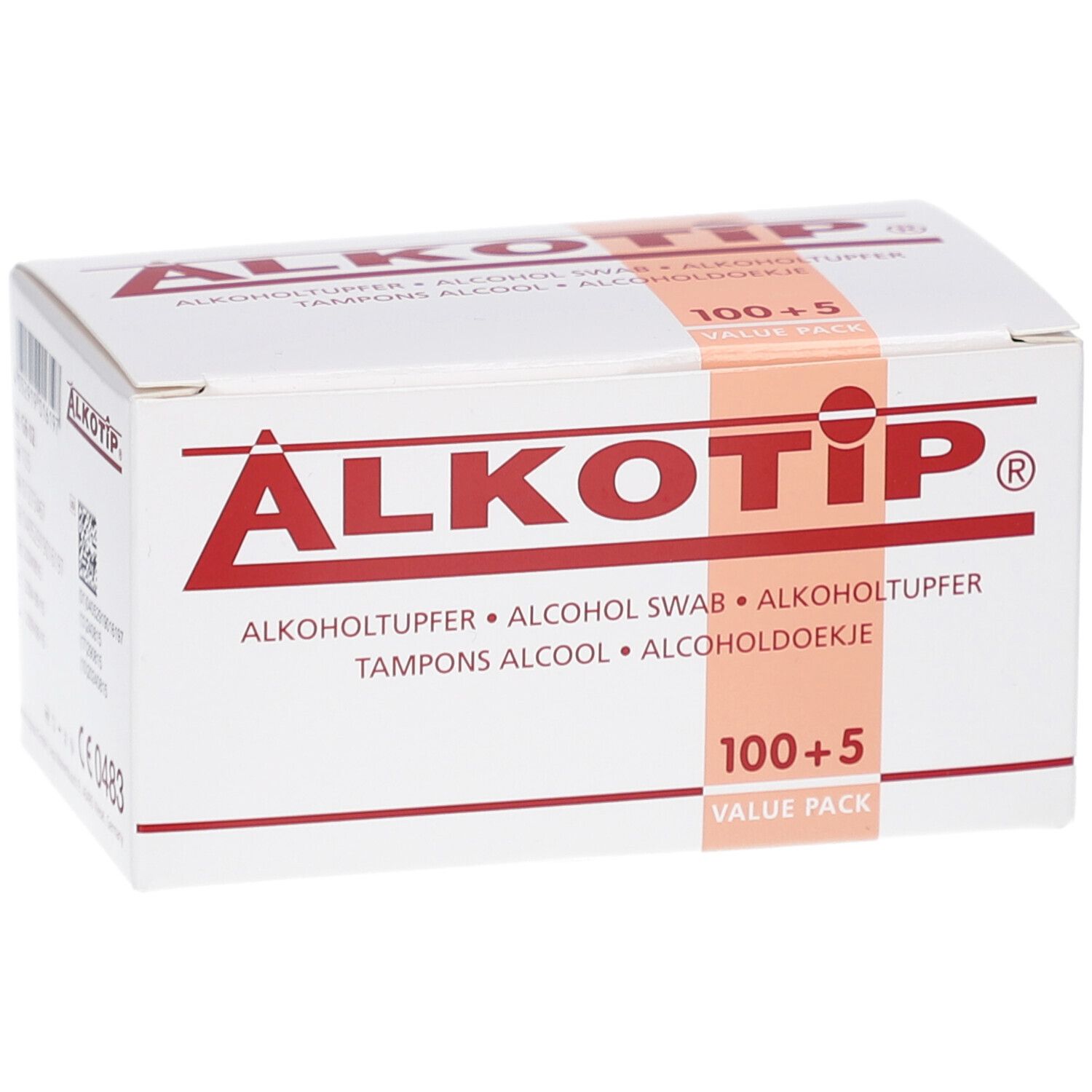 Boîte blanche ALKOTIP avec texte rouge. Contient des tampons alcoolisés. Inscription : 100+5. Marquage CE et informations produit.