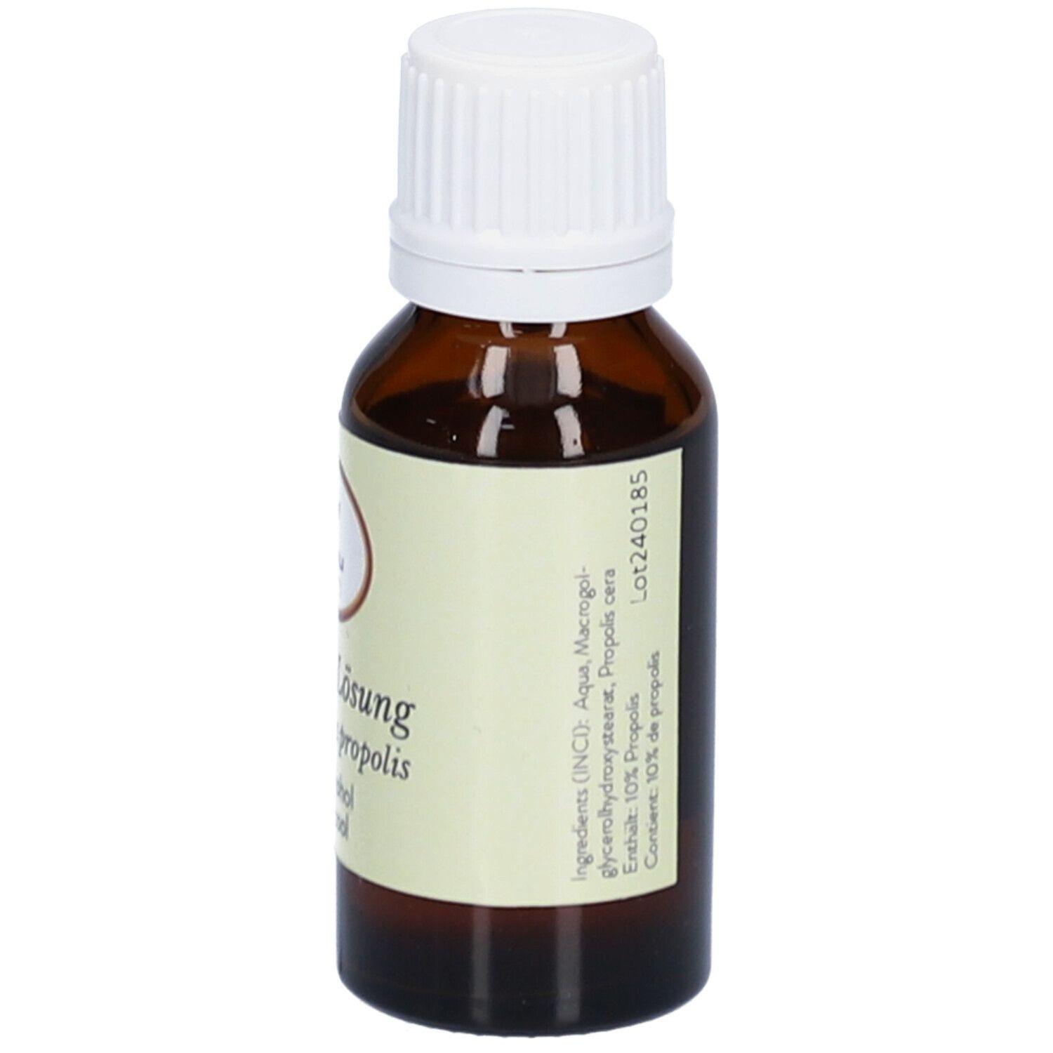 Bruine glazen fles met witte dop. Etiket met productnaam, merk RÖÖSLI, zonder alcohol, ingrediënten en 20 ml.