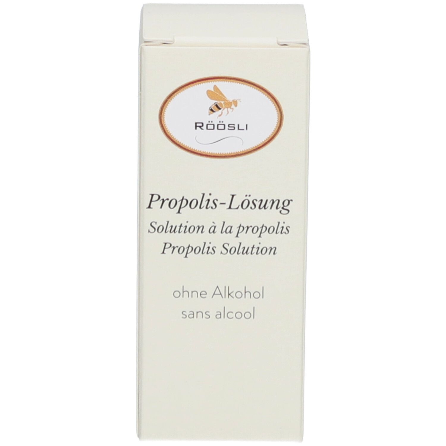 Doos met productnaam, merk RÖÖSLI en zonder alcohol. Oplossing.