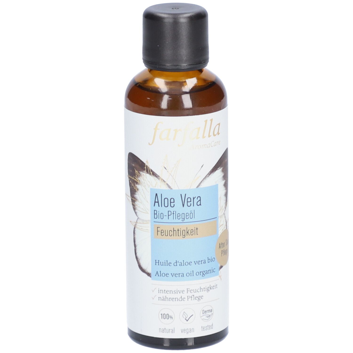 Flacon en verre brun avec bouchon noir. Étiquette avec papillon, Aloe Vera, huile de soin bio. Marque : farfalla.