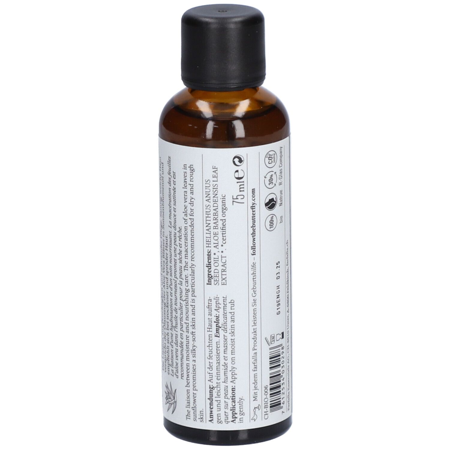 Flacon en verre brun avec bouchon noir. Étiquette avec ingrédients, instructions d'utilisation. Volume : 75 ml. Marque : farfalla.