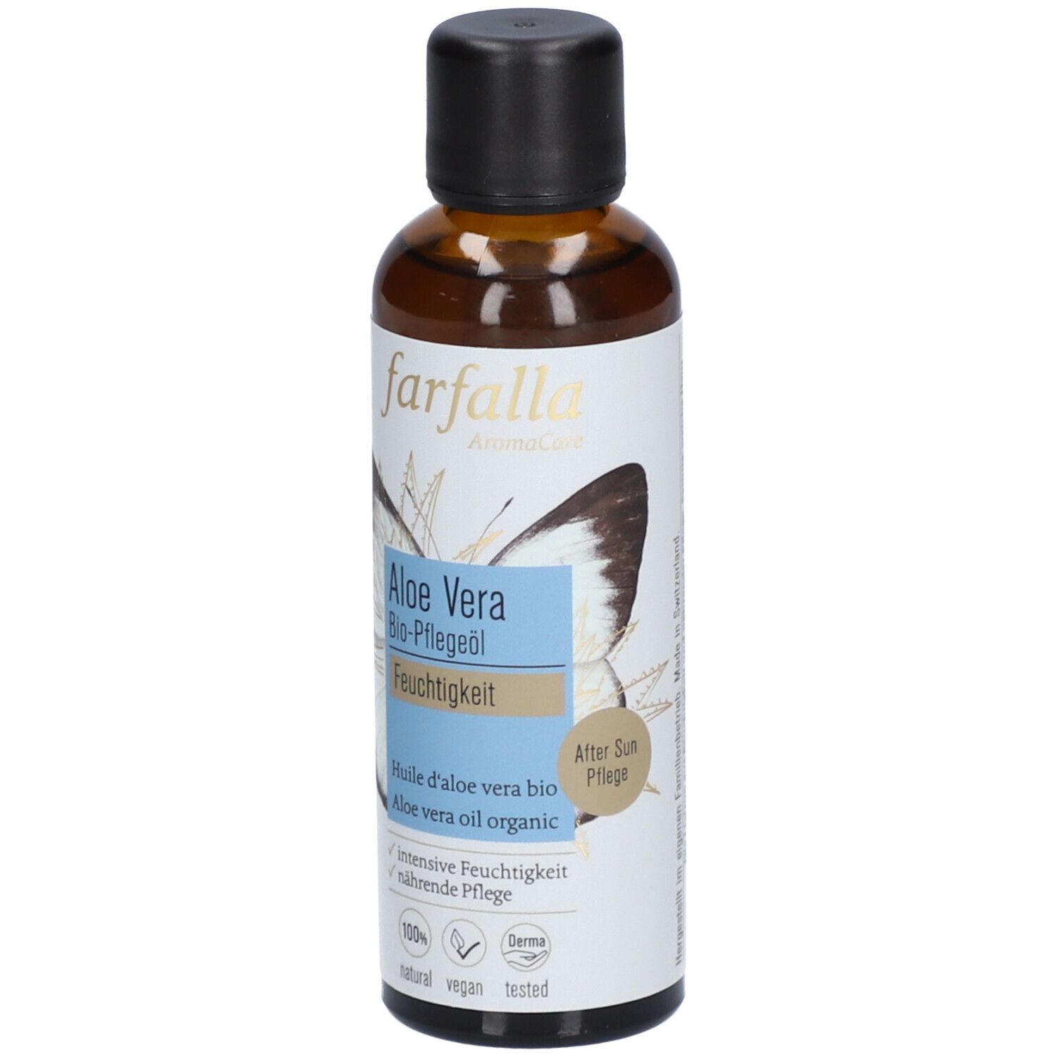 Flacon en verre brun avec bouchon noir. Étiquette avec papillon, Aloe Vera, huile de soin bio. Marque : farfalla. Supplément : Soin après-soleil.
