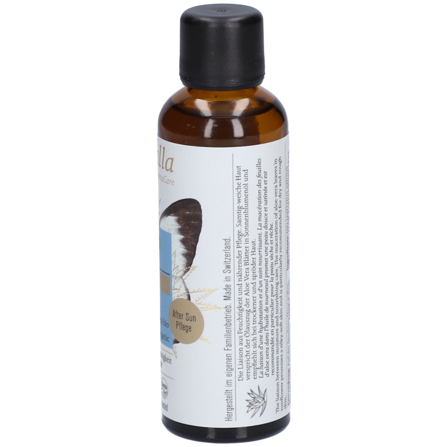 Flacon en verre brun avec bouchon noir. Étiquette avec texte, Aloe Vera, huile de soin bio. Marque : farfalla. Fabriqué en Suisse.