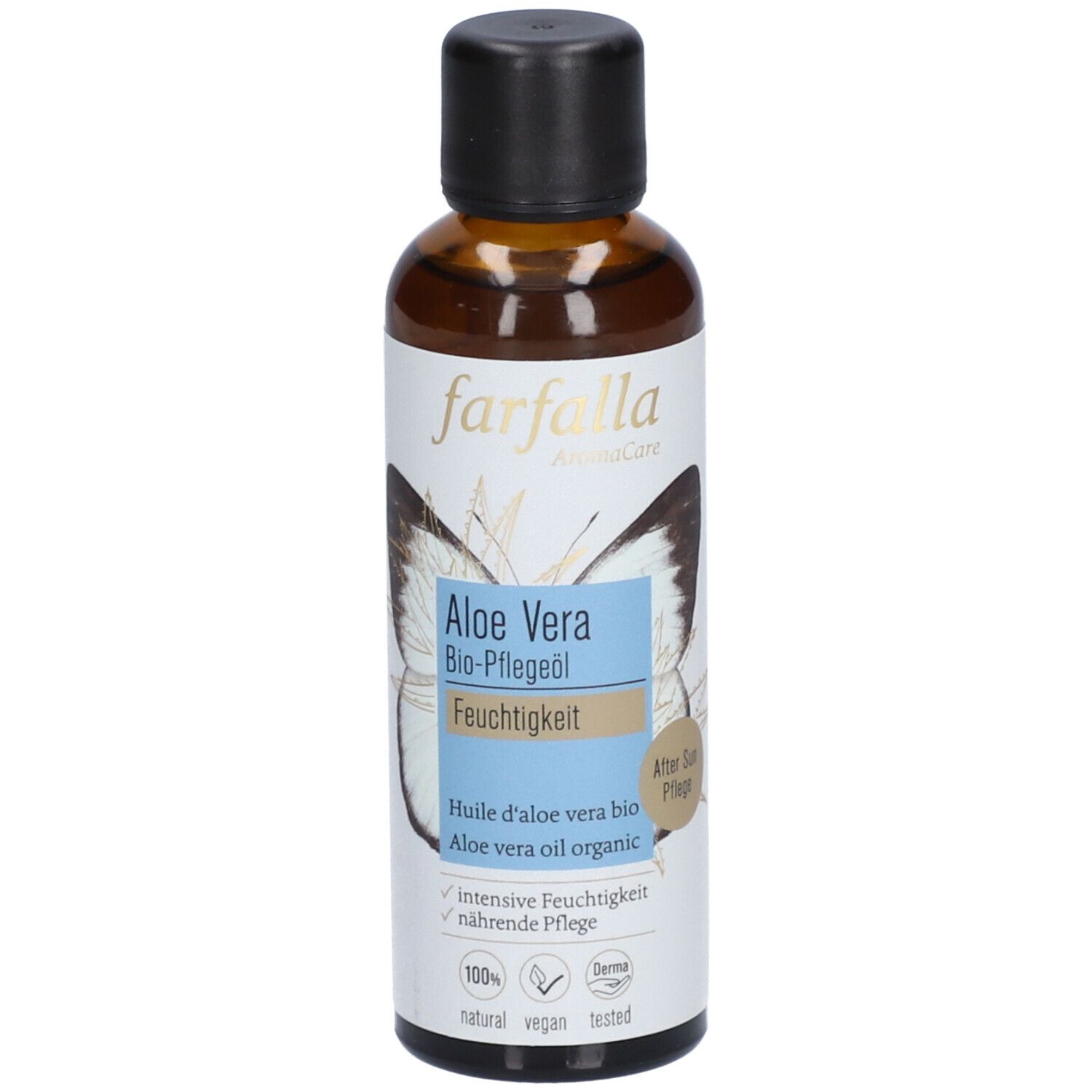 Flacon en verre brun avec bouchon noir. Étiquette avec papillon, Aloe Vera, huile de soin bio. Marque : farfalla.