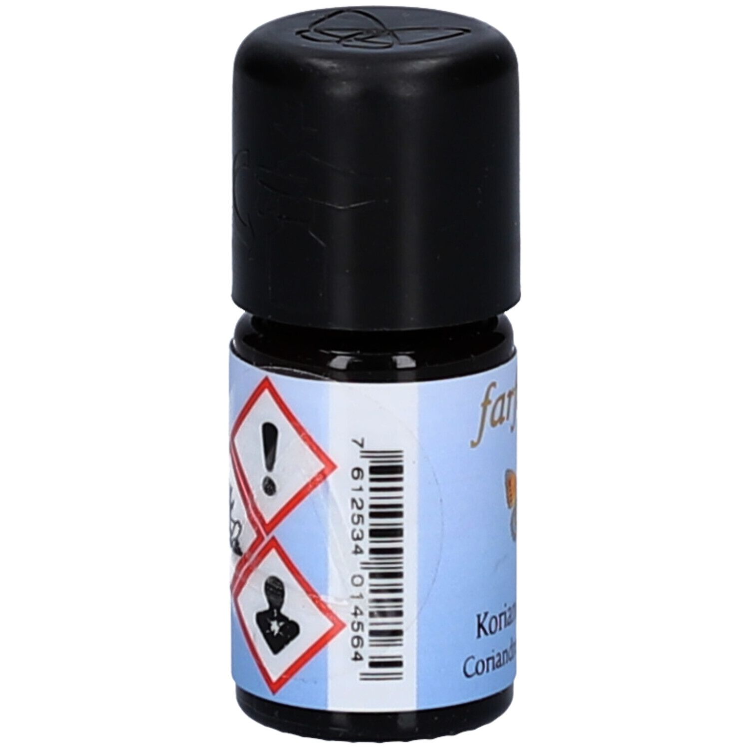 Bruine glazen fles met zwarte dop. Opschrift: Farfalla, korianderzaad bio. Etiket met gevaarsymbolen en barcode.