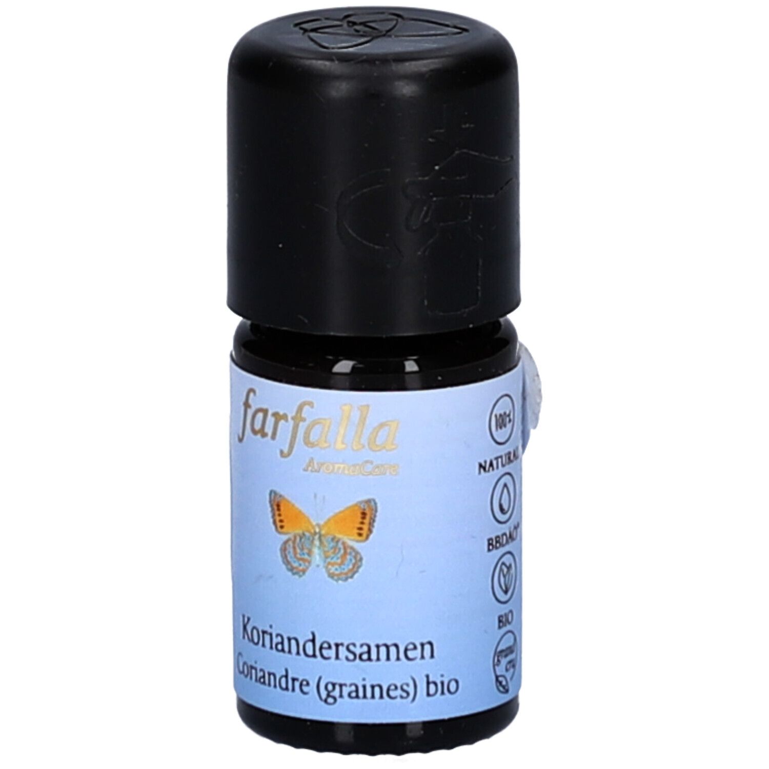 Bruine glazen fles met zwarte dop. Opschrift: Farfalla, korianderzaad bio. Etiket met vlinder en certificeringen.
