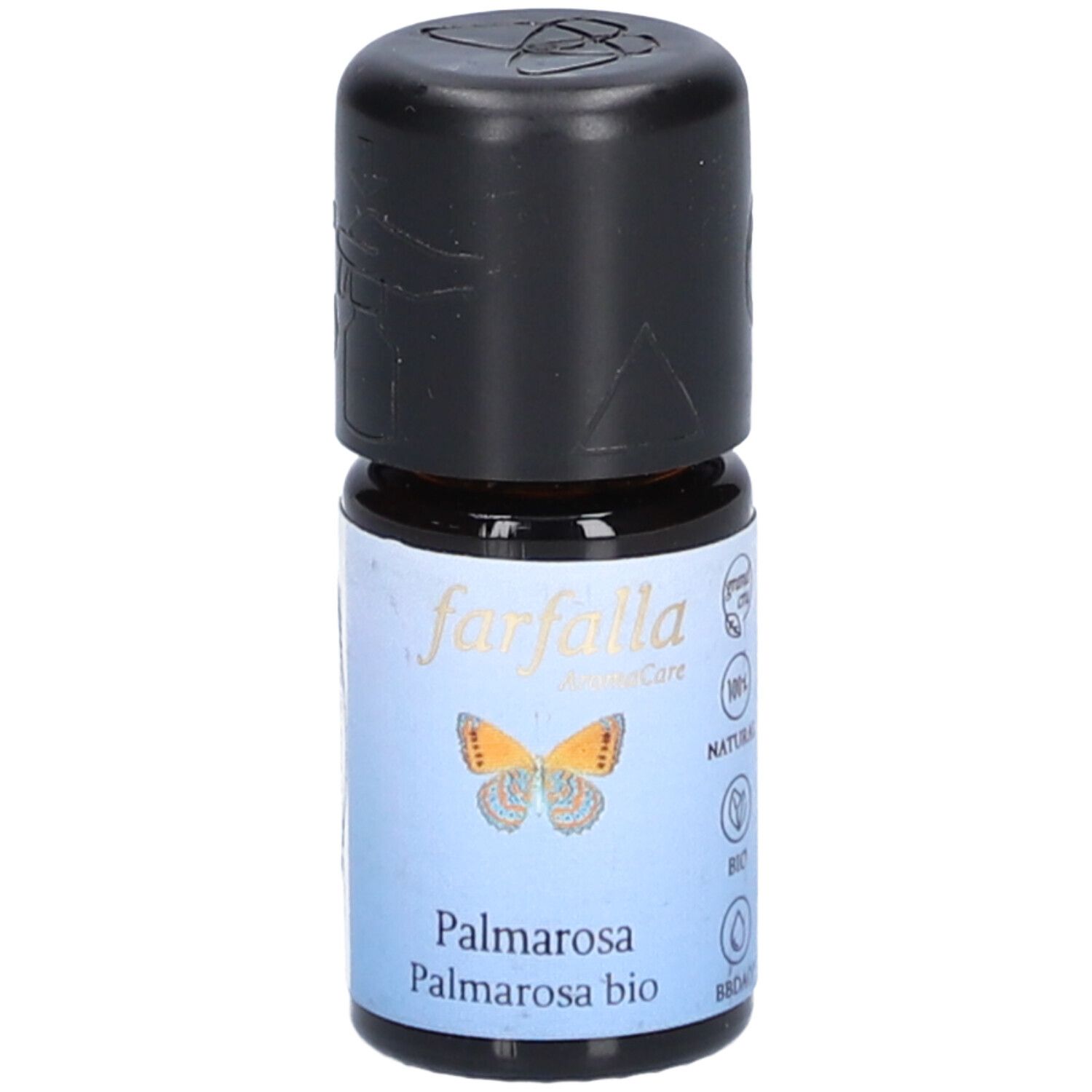 Flacon en verre brun avec bouchon noir. Étiquette: Farfalla AromaCare, Palmarosa, illustration de papillon.