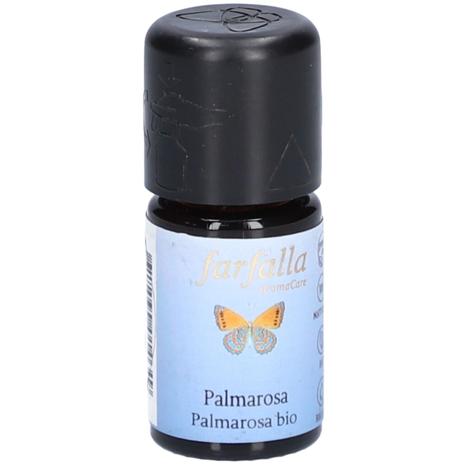 Flacon en verre brun avec bouchon noir. Étiquette: Farfalla AromaCare, Palmarosa, illustration de papillon.