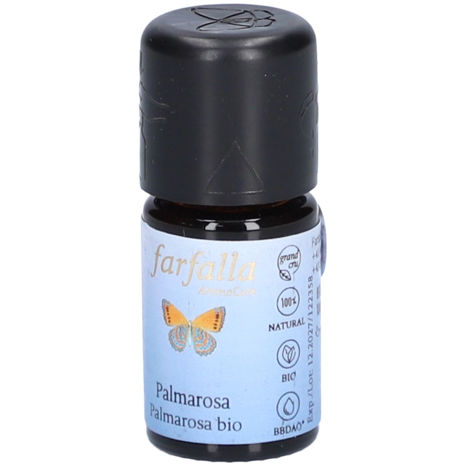 Flacon en verre brun avec bouchon noir. Étiquette: Farfalla AromaCare, Palmarosa, papillon, 100% Naturel, Bio.