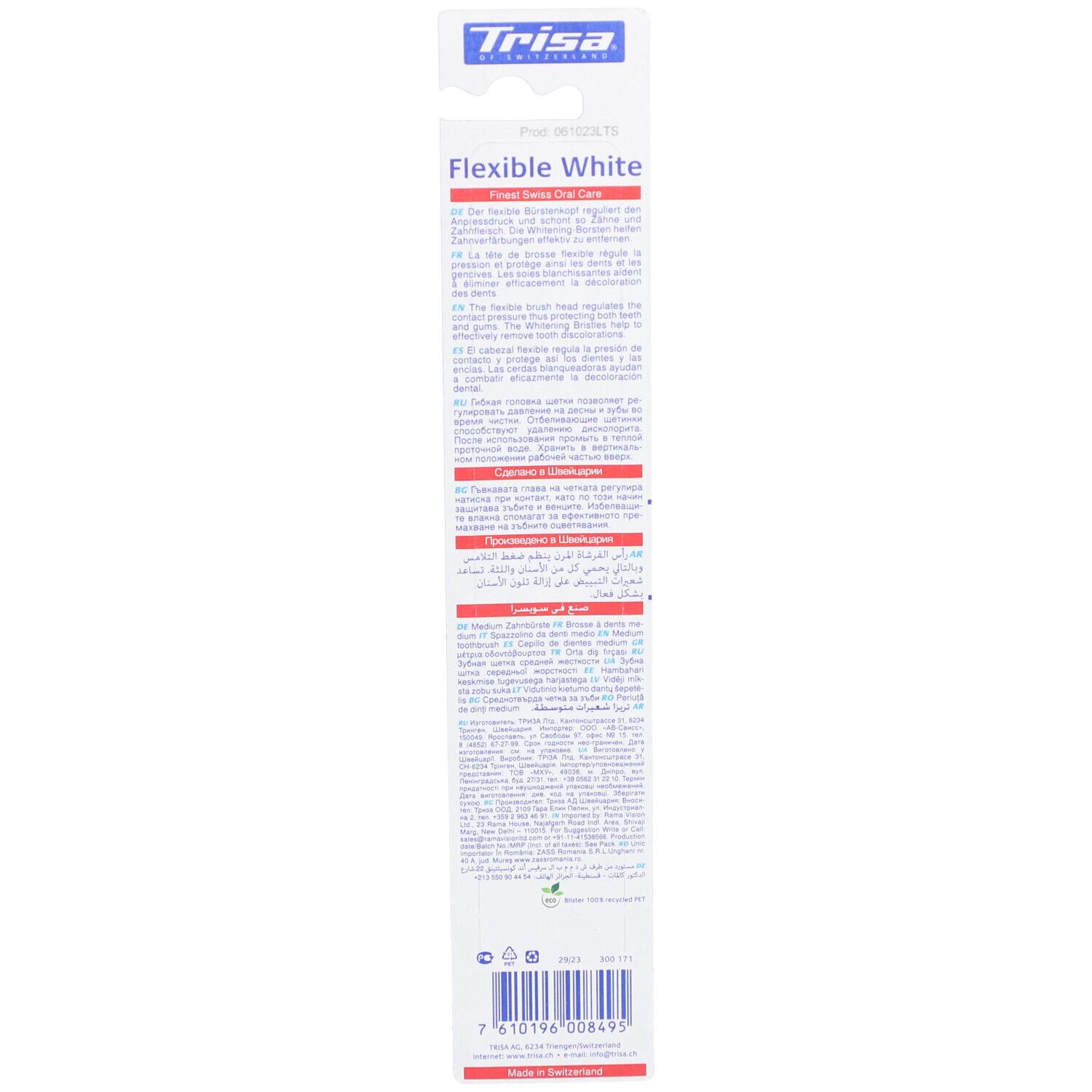 Dos de l'emballage. Texte multilingue. Marque TRISA, inscription "Flexible White".