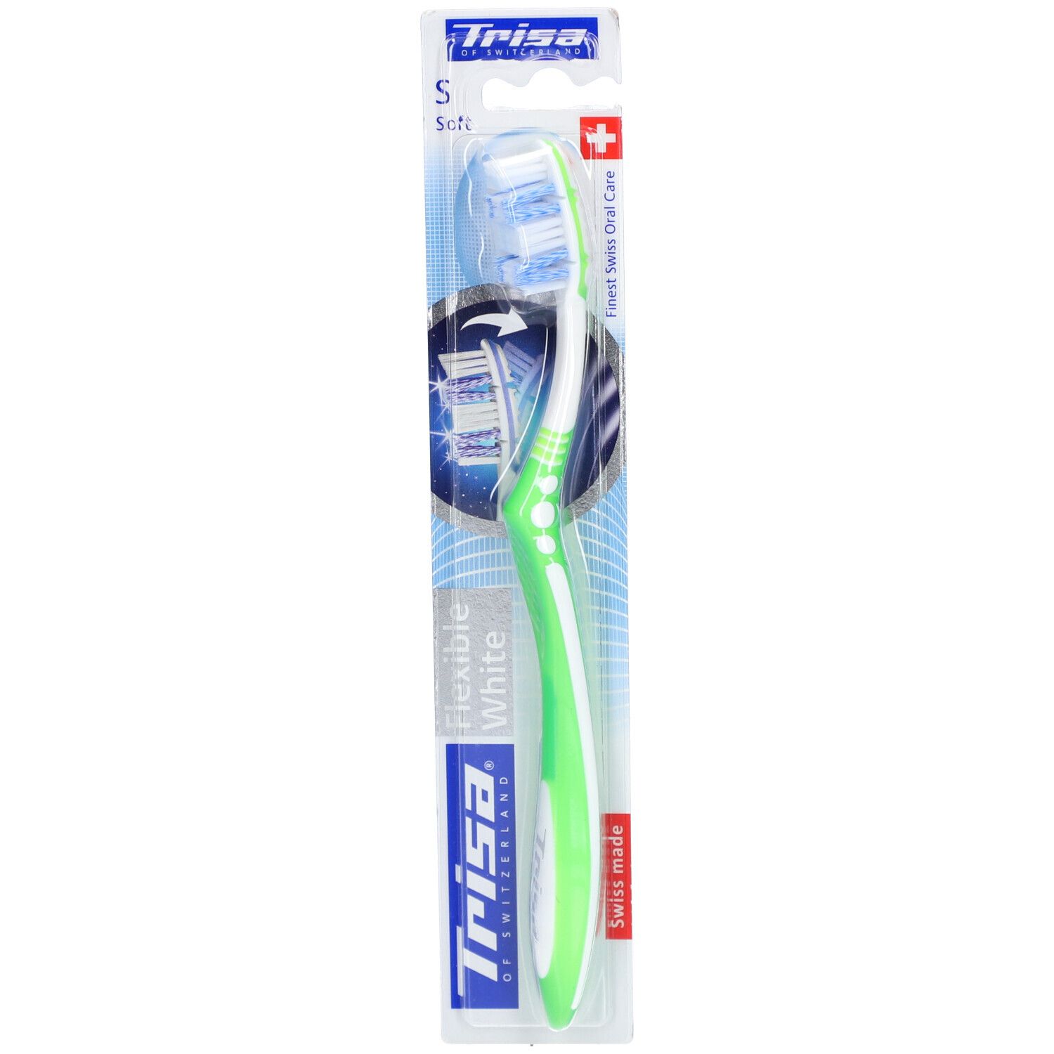Groene tandenborstel met witte borstelkop in verpakking. Opschrift "Flexible White" en "Trisa".