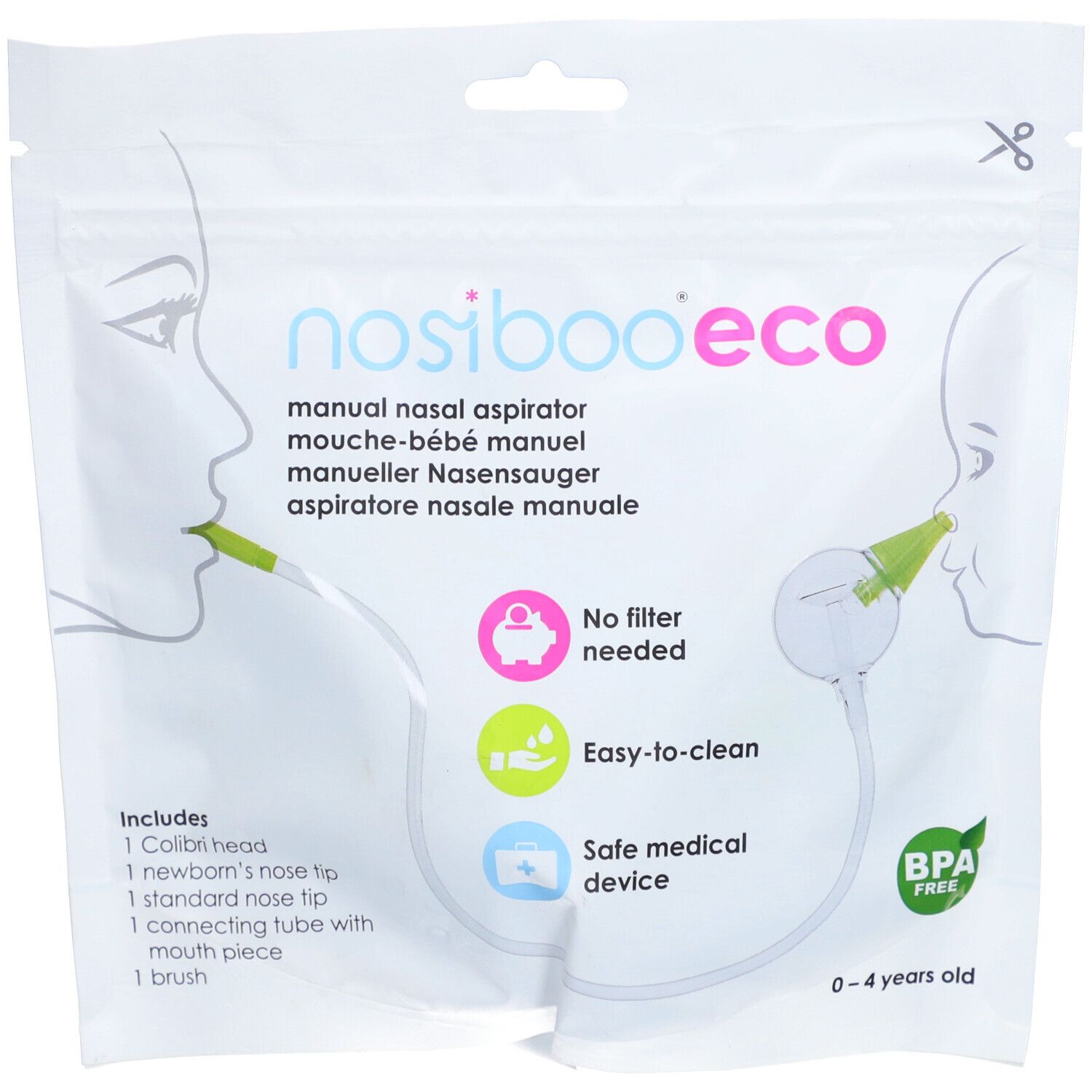 Verpakking van de neuszuiger NOSIBOO Eco. Bevat accessoires: tips, slang, borstel. BPA-vrij, voor 0-4 jaar.