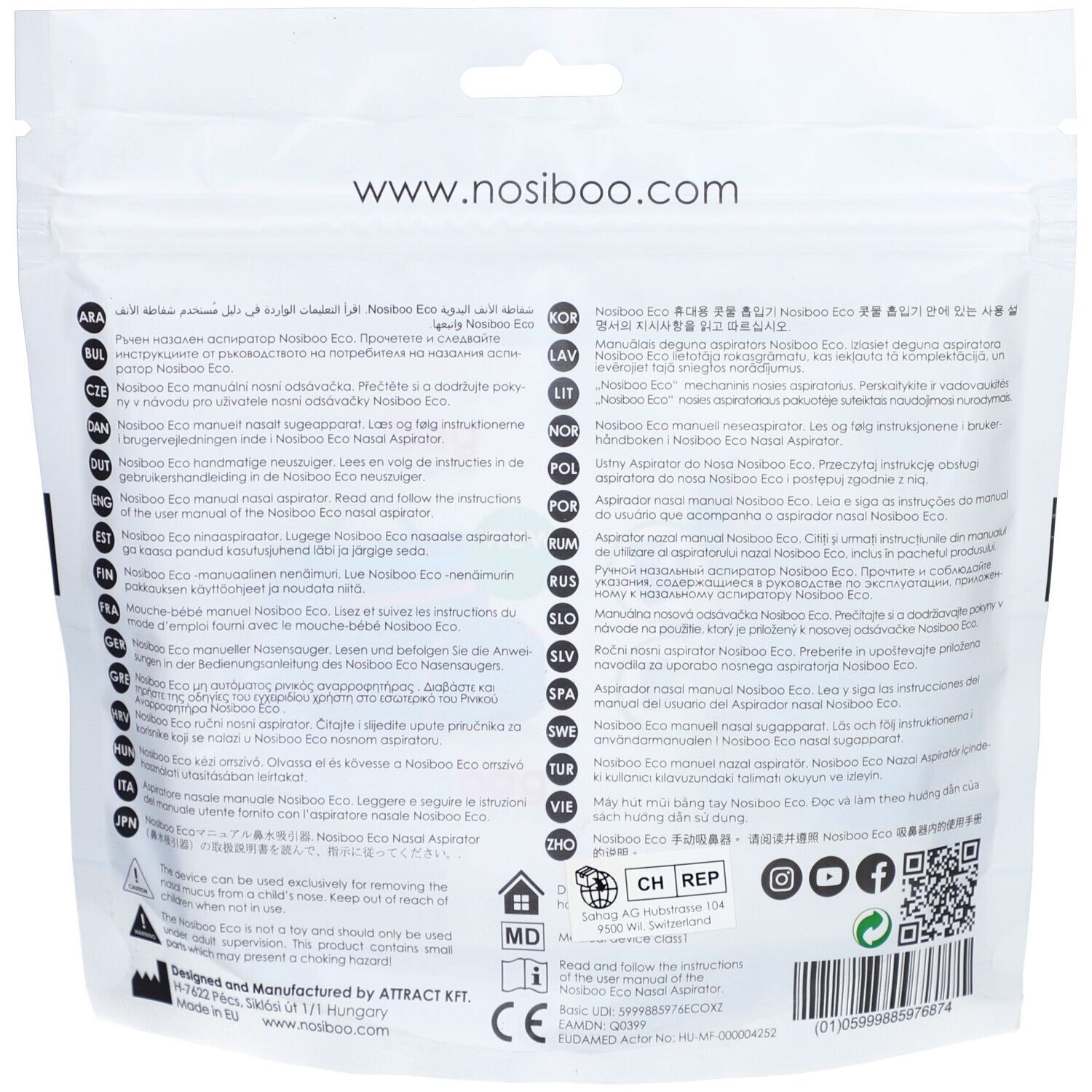 Achterkant van de NOSIBOO Eco verpakking. Meertalige productinformatie en fabrikantgegevens.