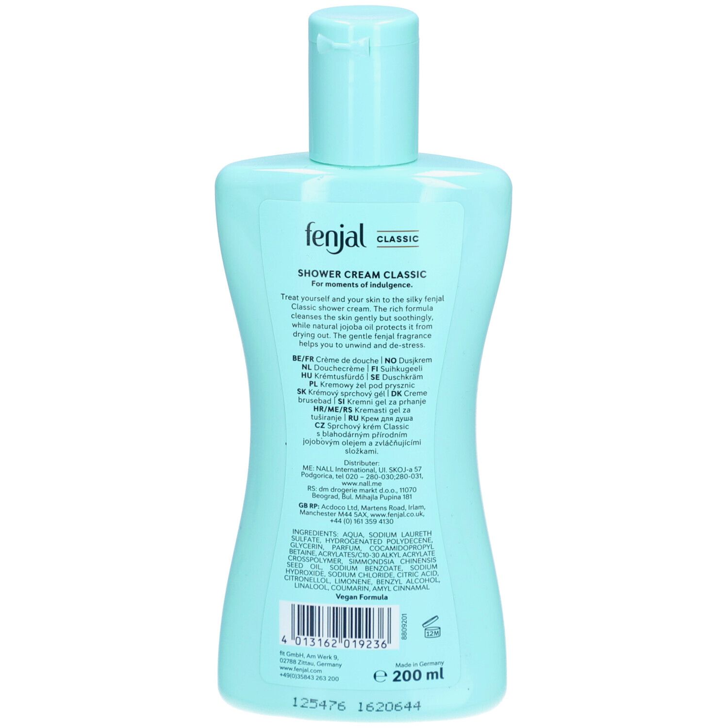 Dos d'un flacon de gel douche bleu clair Fenjal. Inscription: Classic, Shower Cream Classic. Texte en plusieurs langues. Formule végétalienne.