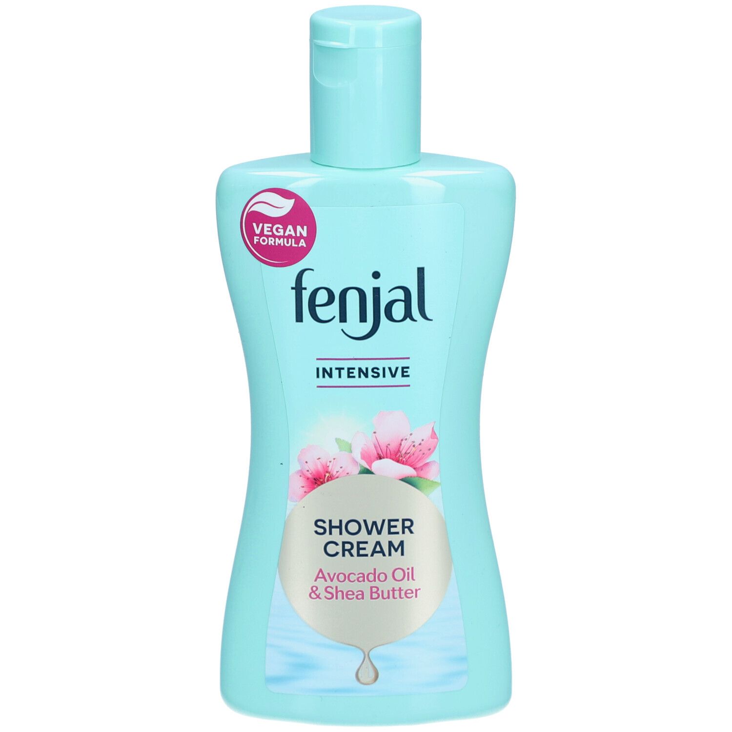 Lichtblauwe fles met "fenjal"-logo, "Intensive" en "Shower Cream". Vegan-zegel. Avocado-olie & sheaboter.
