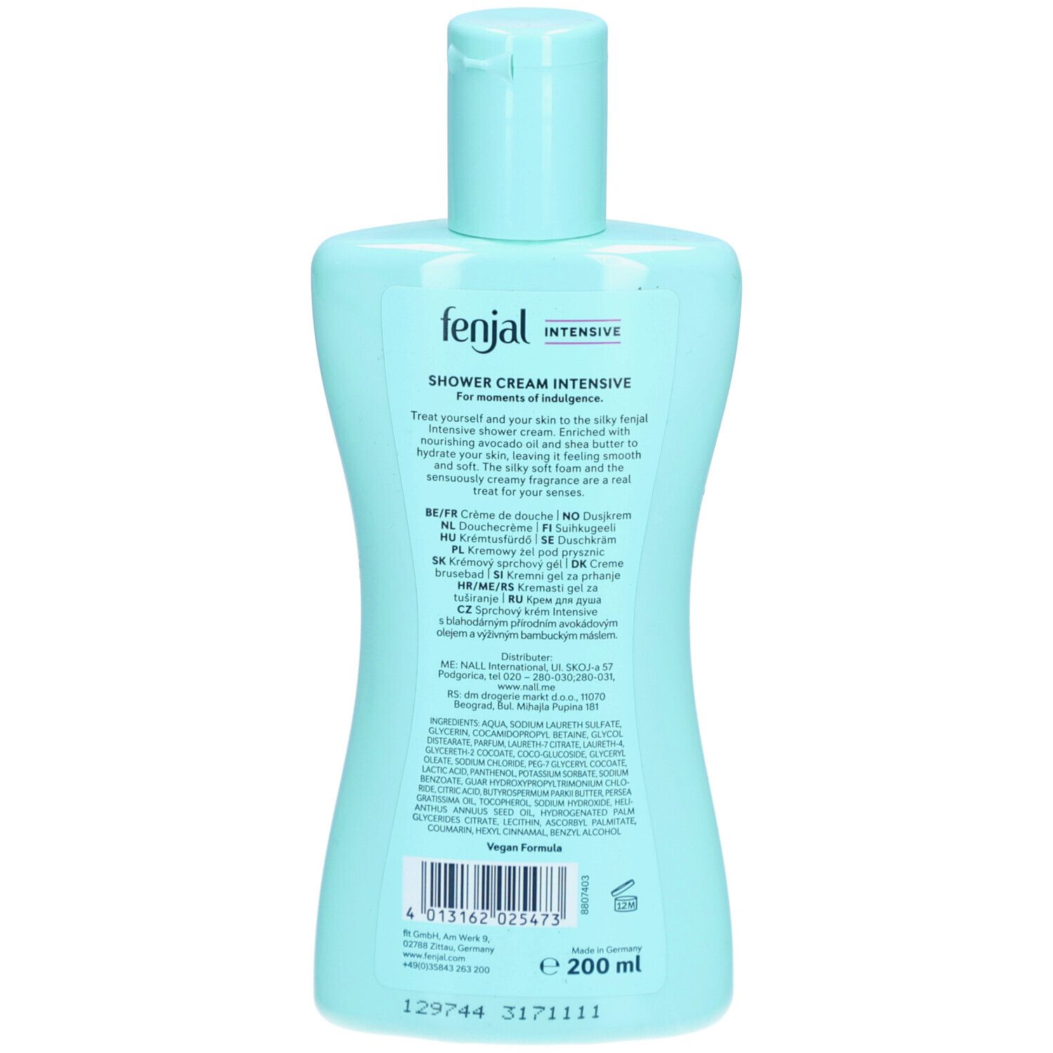 Achterkant van de lichtblauwe fles. "fenjal"-logo, "Intensive" en "Shower Cream". Tekst, ingrediënten, barcode en vegan-zegel.