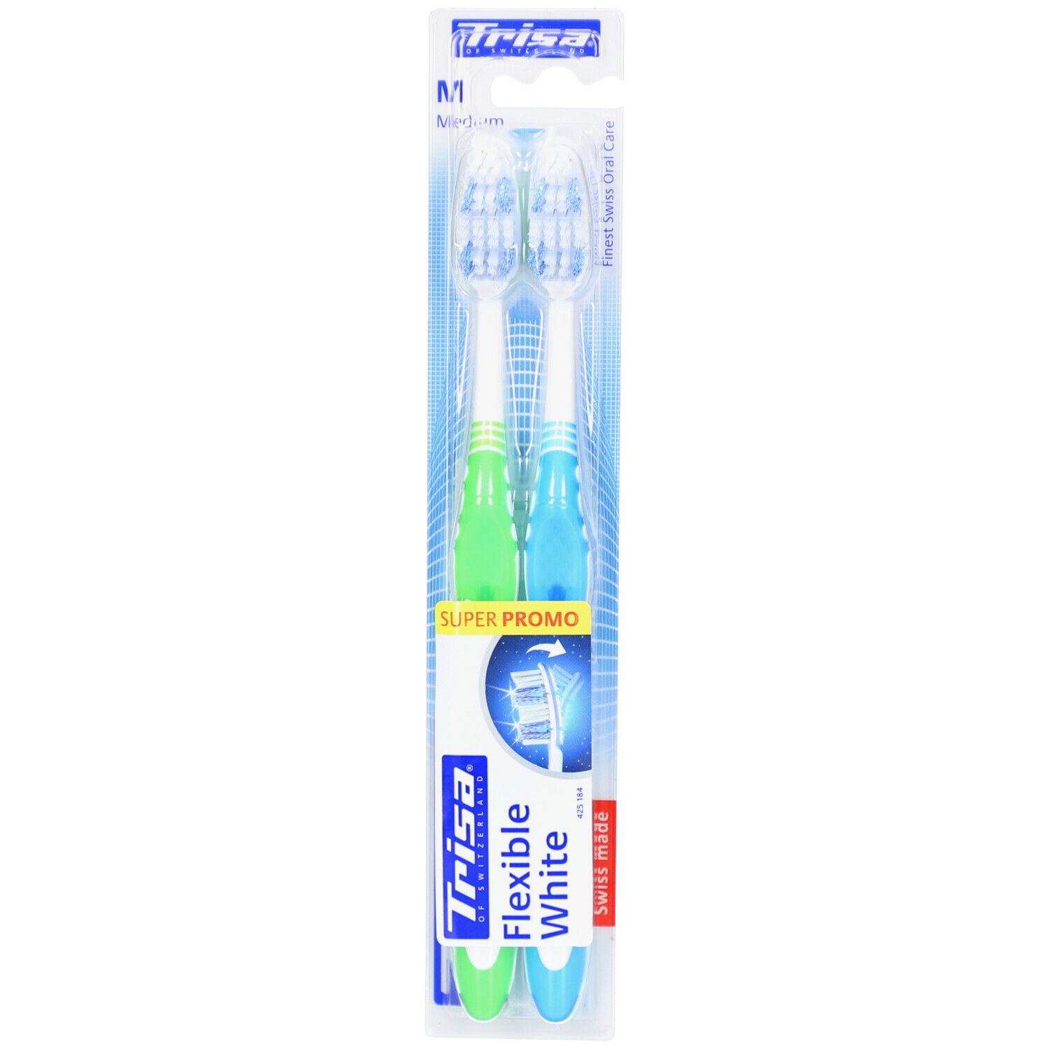 Deux brosses à dents avec manches verts et bleus dans un emballage. Inscription: Trisa Flexible White, Medium.