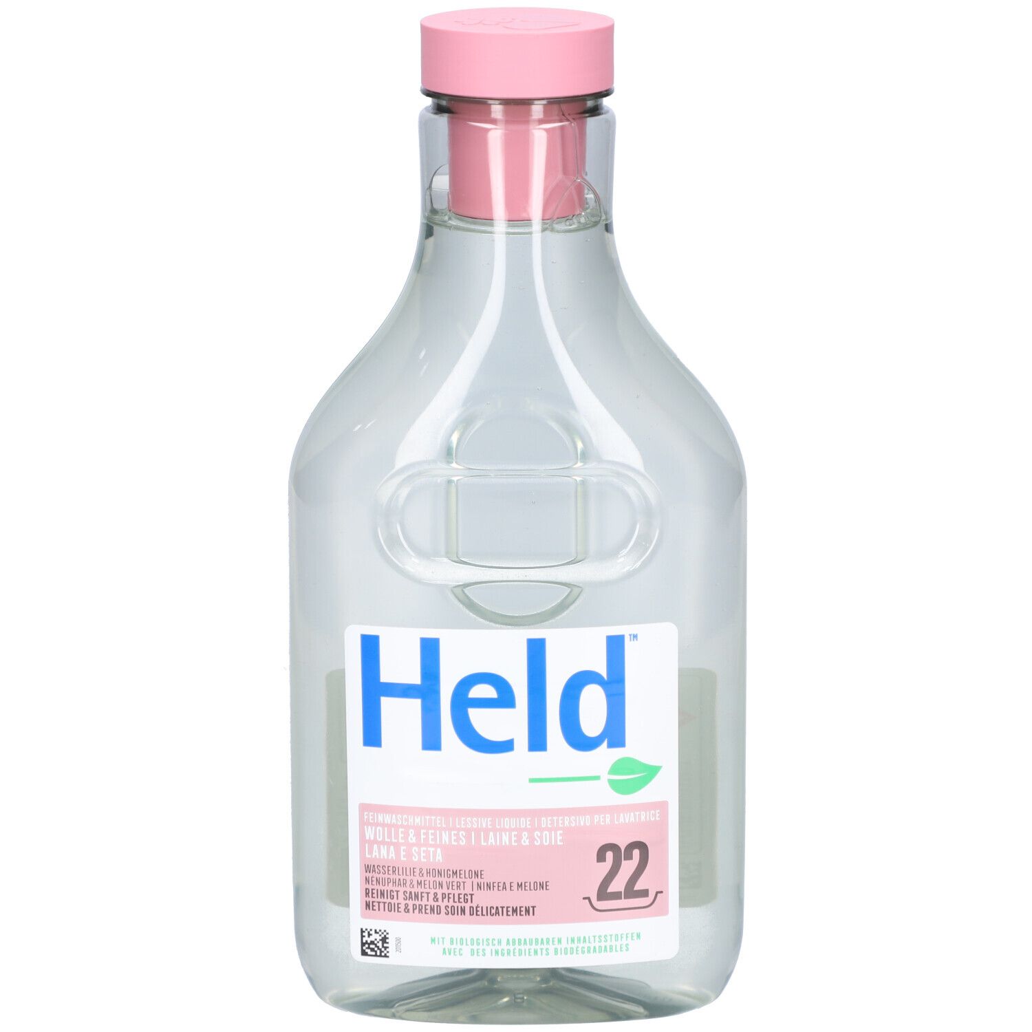 Transparante fles met roze dop. Etiket met blauwe "Held" tekst en groene blad-afbeelding. Productnaam en ingrediënten.