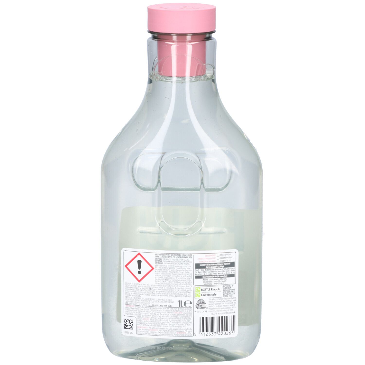 Achterkant van de transparante fles met roze dop. Etiket met waarschuwingssymbolen, productinformatie en barcode.