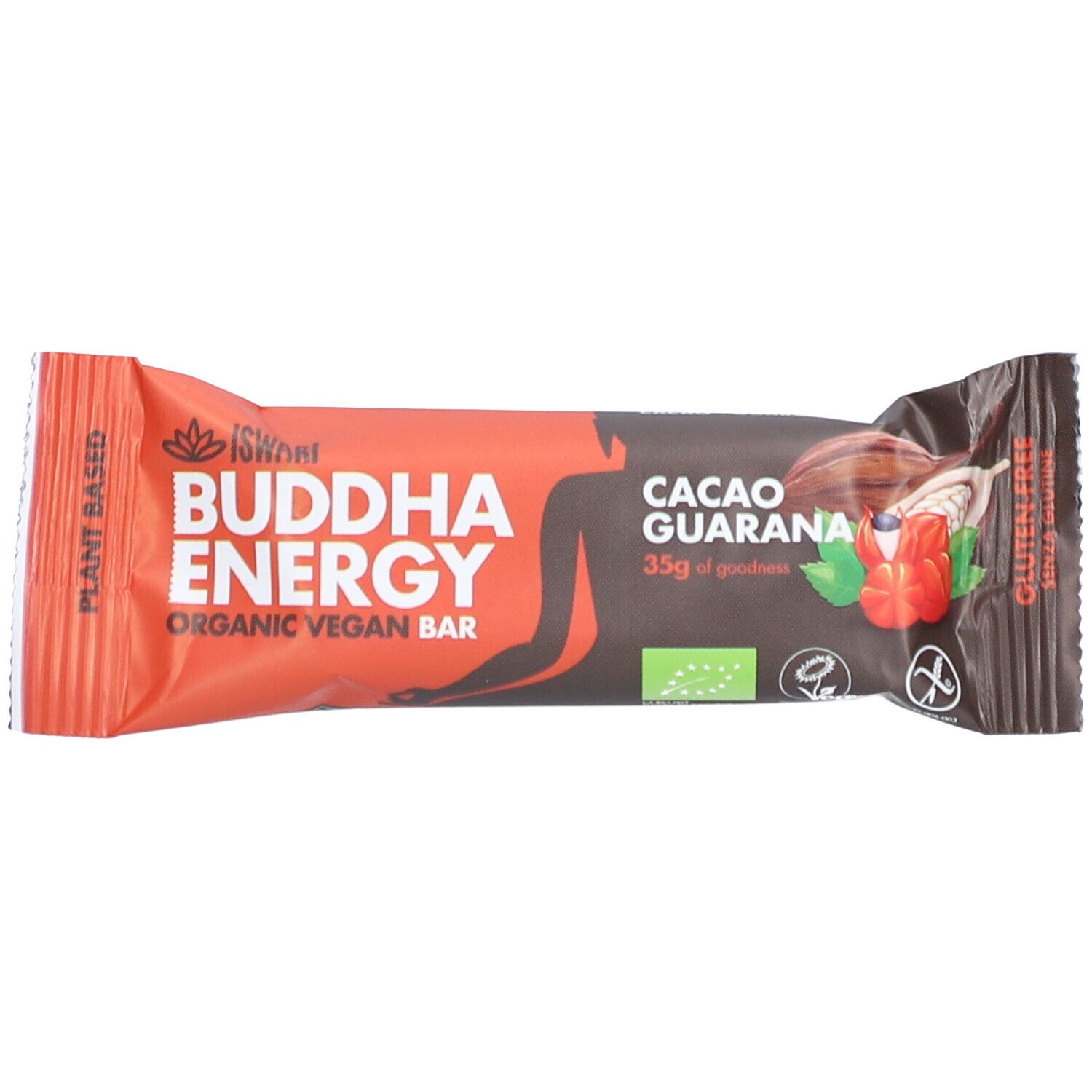 Emballage de barre "Buddha Energy". Couleur orange-brun. Inscription "Cacao Guarana" et logo.