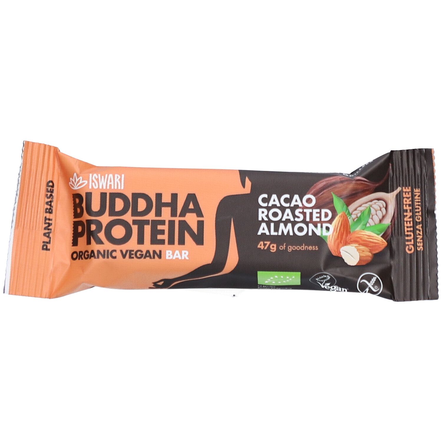 Barre protéinée ISWARI Buddha Protein, saveur cacao et amandes grillées. Emballage orange et marron. Vegan, sans gluten.