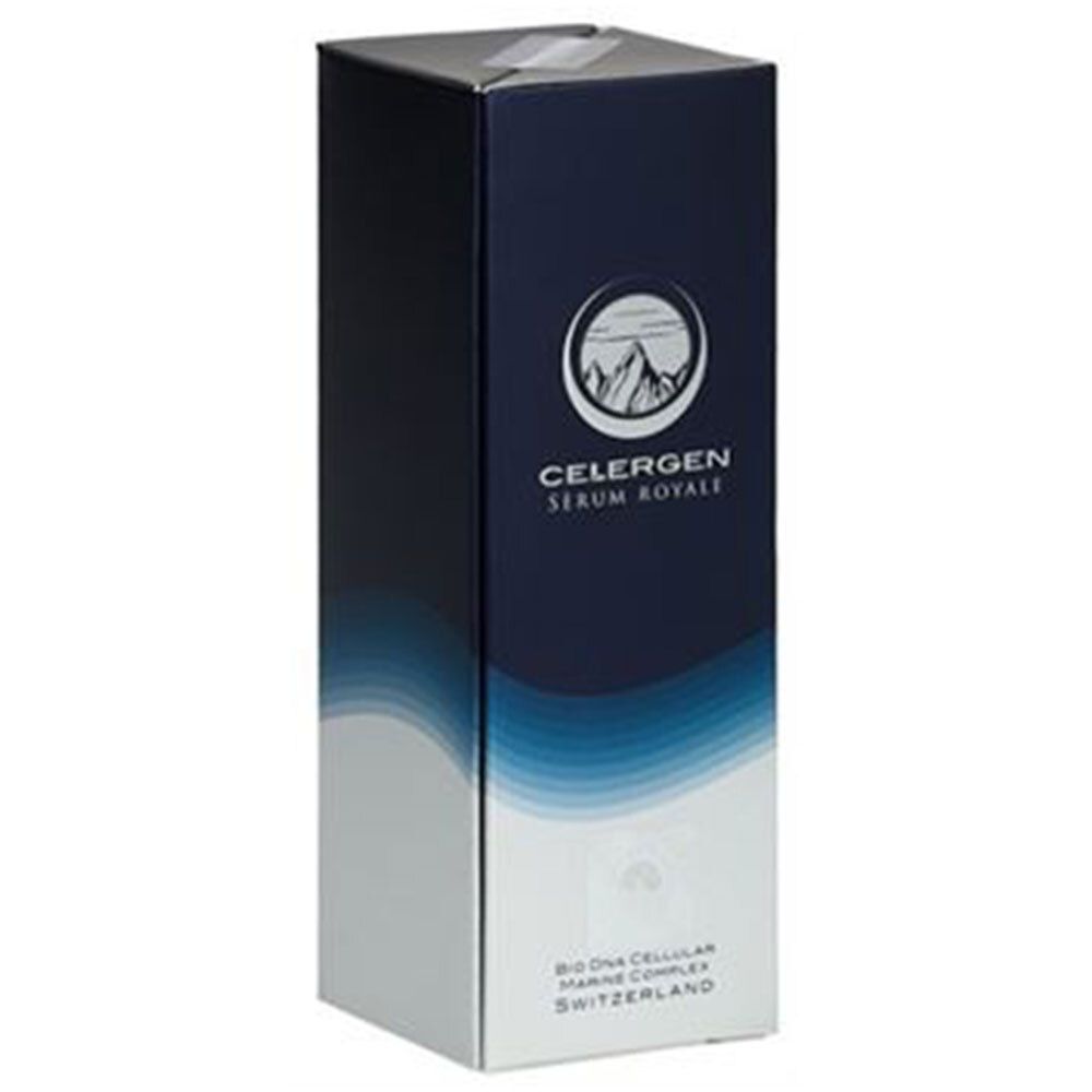 Boîte pliante Celergen Royale Serum Royale avec motif de montagne et vagues.