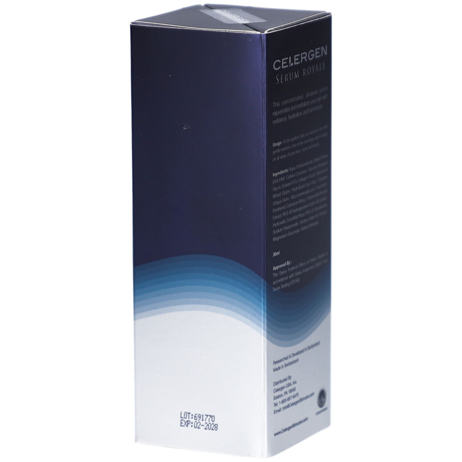 Blauw-witte verpakking. Tekst: CELERGEN Serum Royale. Ingrediënten en fabrikant. Lotnummer en vervaldatum.