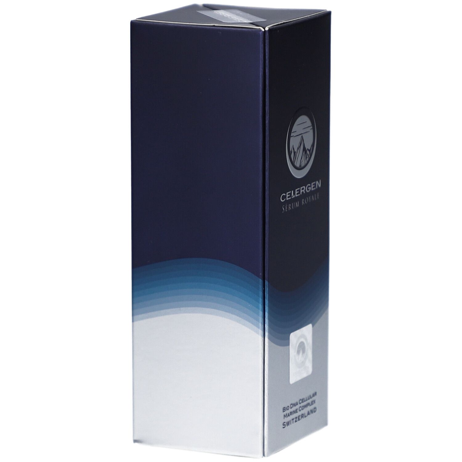 Blauw-witte verpakking. Berglogo. Tekst: CELERGEN Serum Royale. Bio DNA Cellular Marine Complex. Zwitserland.