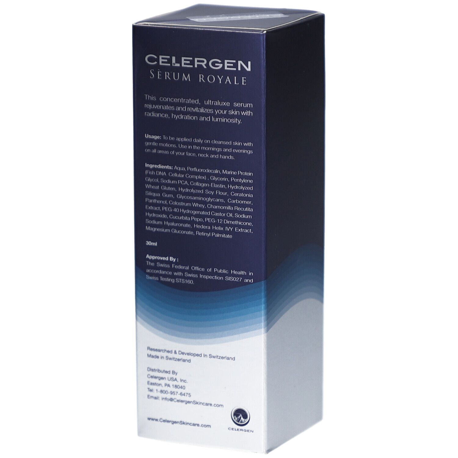 Blauw-witte verpakking. Tekst: CELERGEN Serum Royale. Ingrediënten, gebruiksaanwijzing, fabrikant informatie.