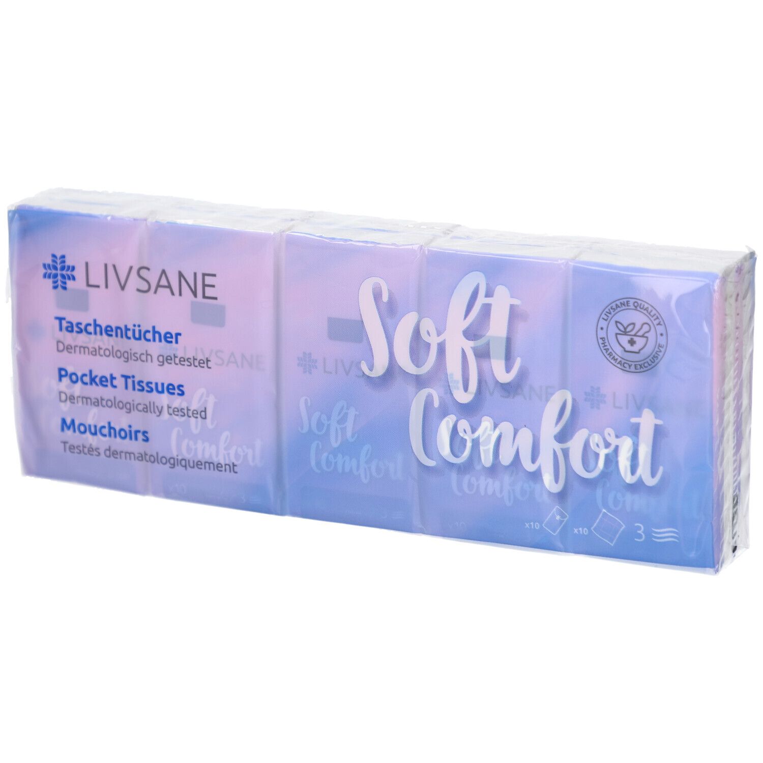 Verpakking van LIVSANE Soft Comfort zakdoekjes. Meerdere pakjes in folie. Opdruk: Soft Comfort, zakdoekjes, dermatologisch getest.