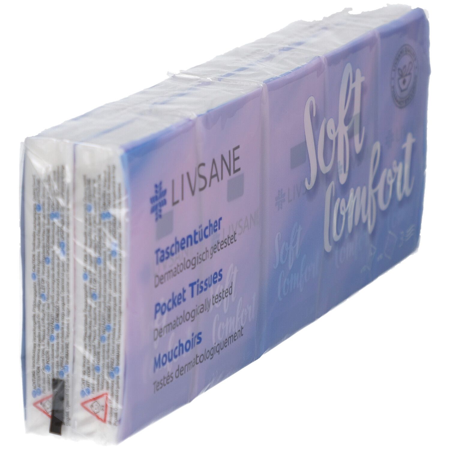Verpakking van LIVSANE Soft Comfort zakdoekjes. Meerdere pakjes in folie. Opdruk: Soft Comfort, zakdoekjes, dermatologisch getest.