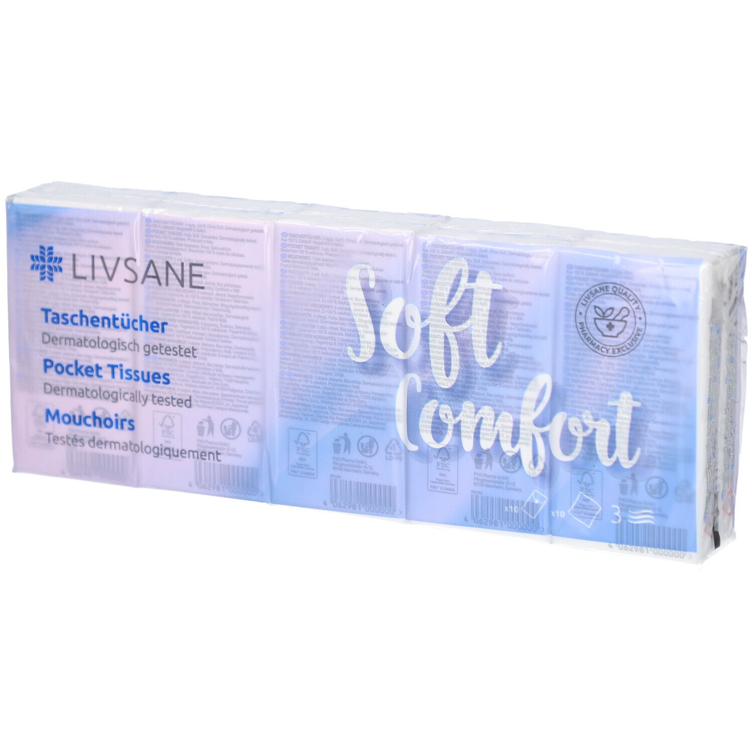 Verpakking van LIVSANE Soft Comfort zakdoekjes. Meerdere pakjes in folie. Opdruk: Soft Comfort, zakdoekjes, dermatologisch getest.