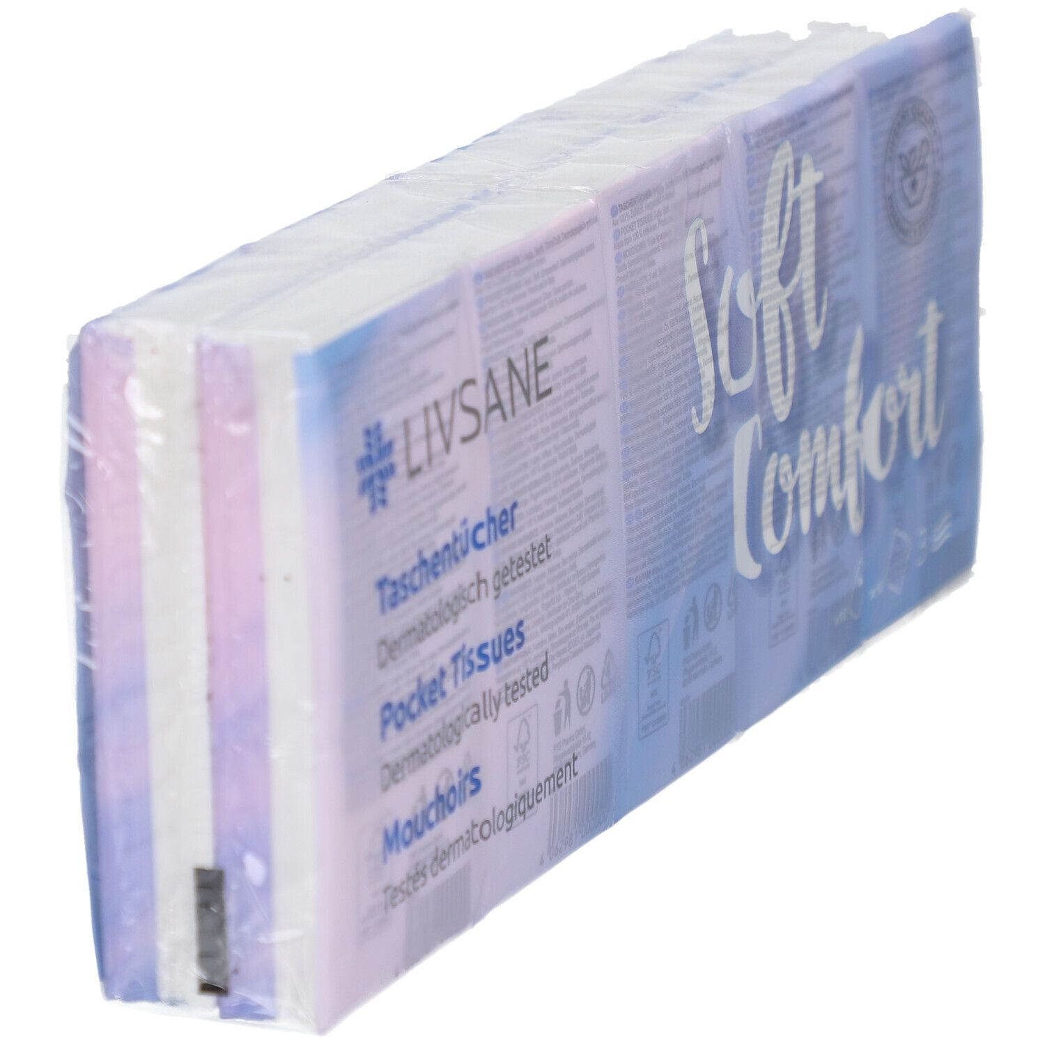 Verpakking van LIVSANE Soft Comfort zakdoekjes. Meerdere pakjes in folie. Opdruk: Soft Comfort, zakdoekjes, dermatologisch getest.
