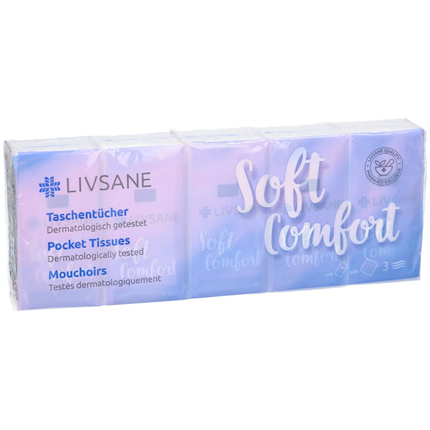 Verpakking van LIVSANE Soft Comfort zakdoekjes. Meerdere pakjes in folie. Opdruk: Soft Comfort, zakdoekjes, dermatologisch getest.