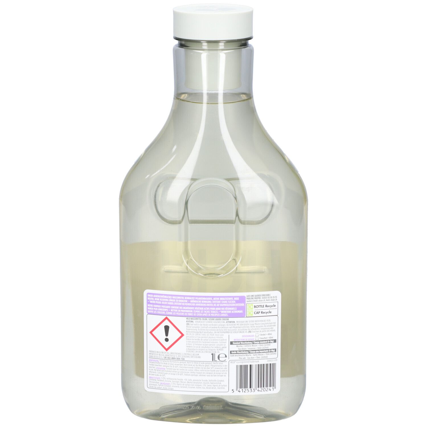 Achterkant van de transparante fles met witte dop. Etiket met waarschuwingssymbool en tekst.