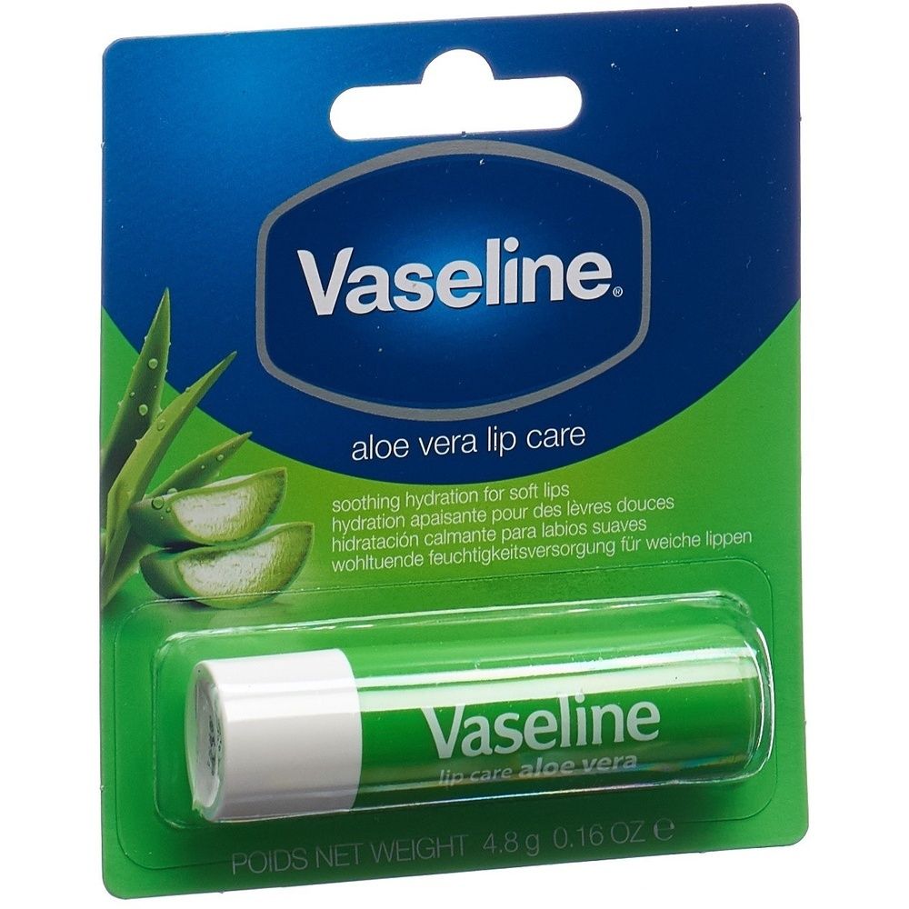 Vaseline Lippenbalsem Aloë Vera stick in blisterverpakking met aloë vera bladillustratie.