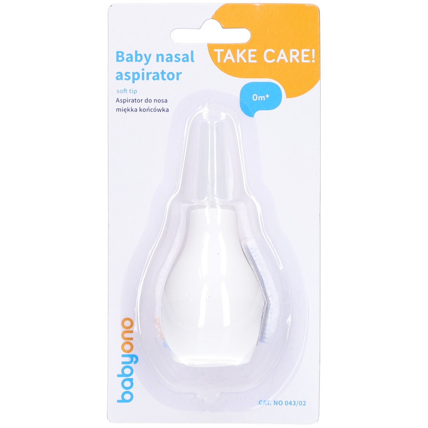 Witte neuszuiger in blisterverpakking. Zachte punt. Babyono-logo en tekst: Baby nasal aspirator.