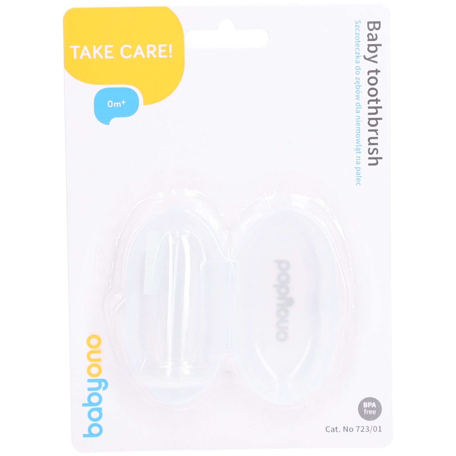 Babyono tandenborstel in blisterverpakking. Transparante borstel met handvat. BPA-vrij. Opschrift: Take Care! 0m+.
