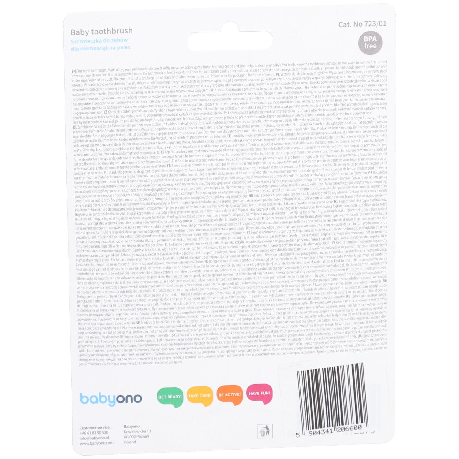 Achterkant van de Babyono tandenborstelverpakking. Tekst, logo en barcode. BPA-vrij. Opschrift: Baby toothbrush.