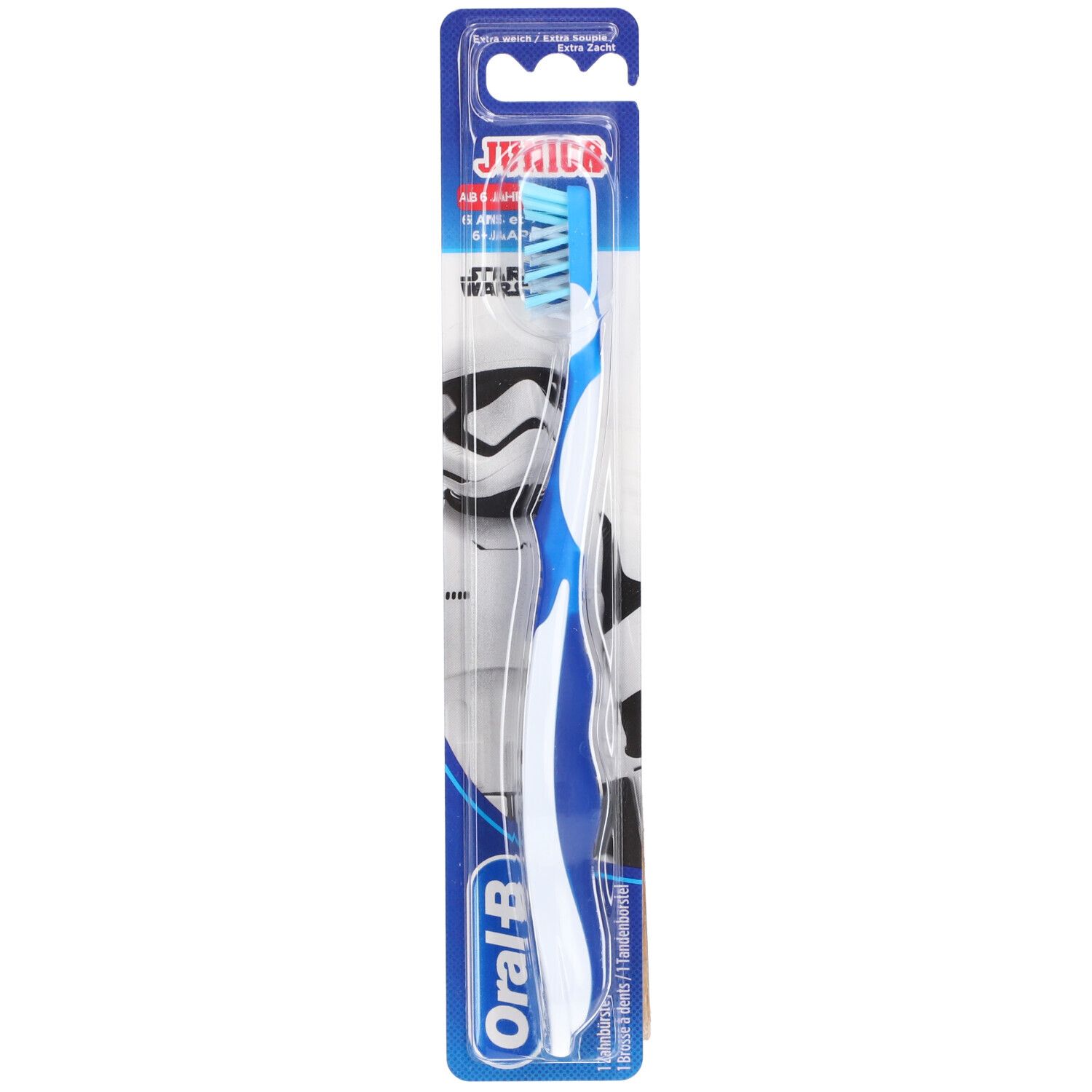 Brosse à dents Oral-B Junior, bleue et blanche, avec motif d'étoiles sur l'emballage.
