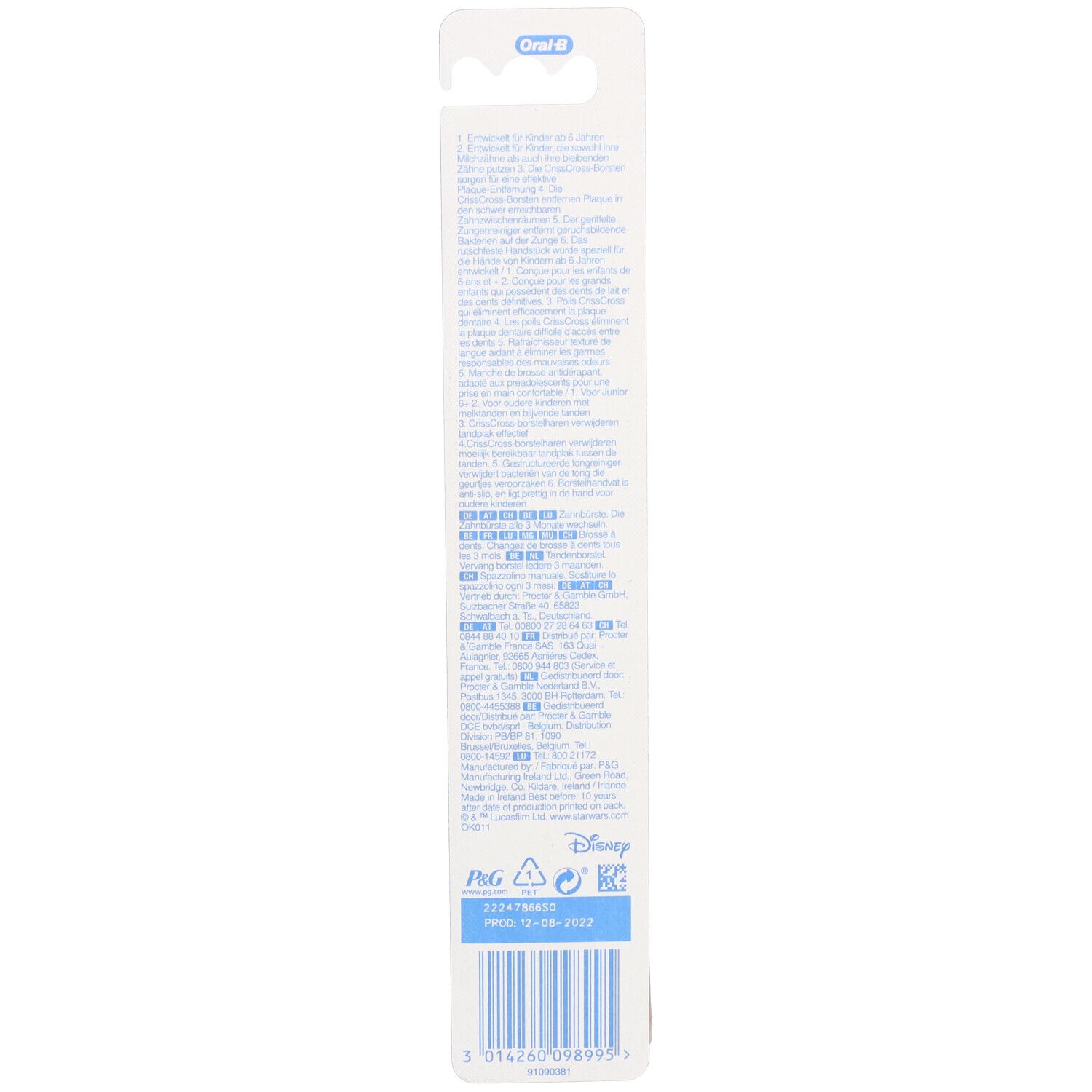 Arrière de l'emballage de la brosse à dents Oral-B Junior avec informations textuelles et logo Disney.