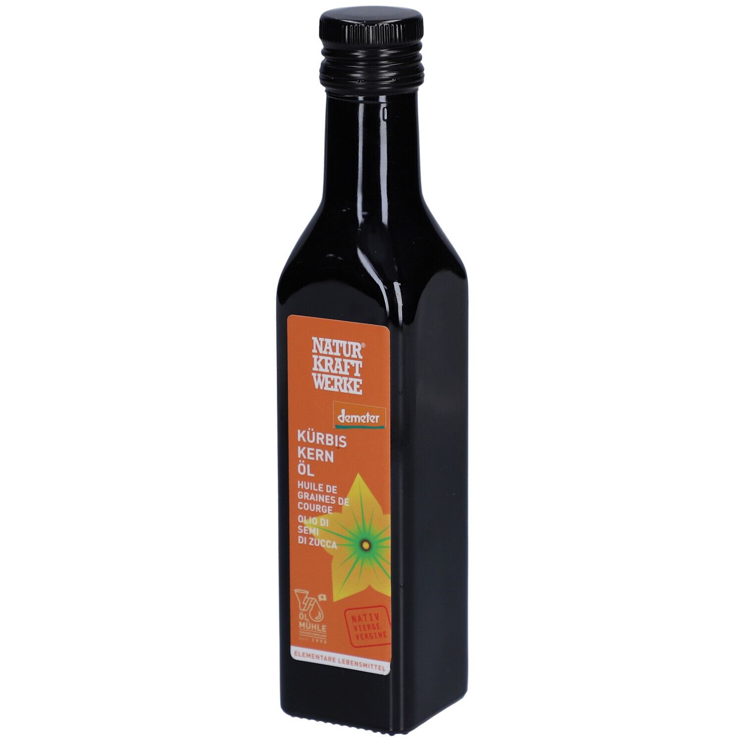 Bouteille en verre foncé avec bouchon noir. Étiquette avec nom du produit et logo. Certification Demeter.
