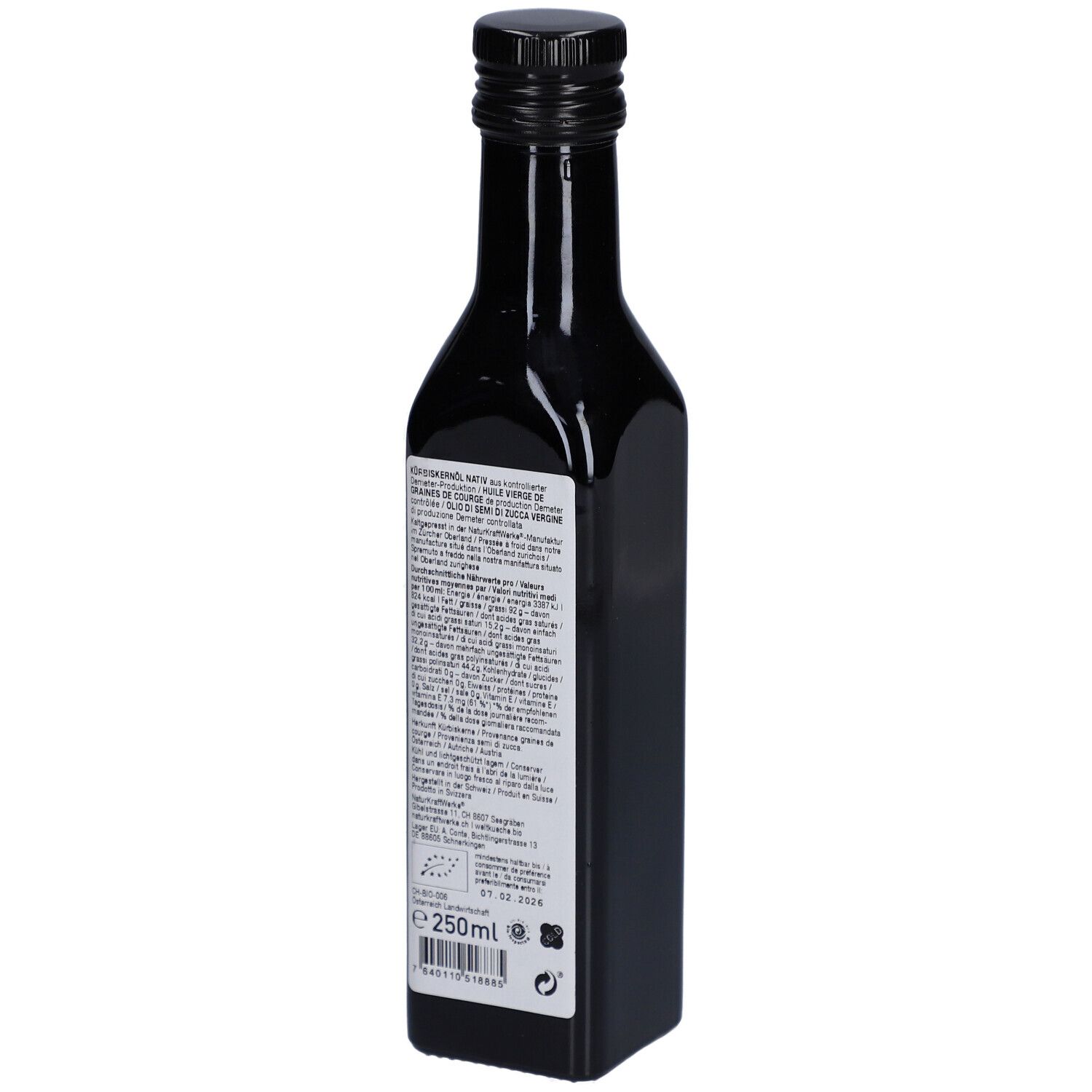 Dos de la bouteille en verre foncé. Étiquette avec informations textuelles et certifications. Volume 250ml.