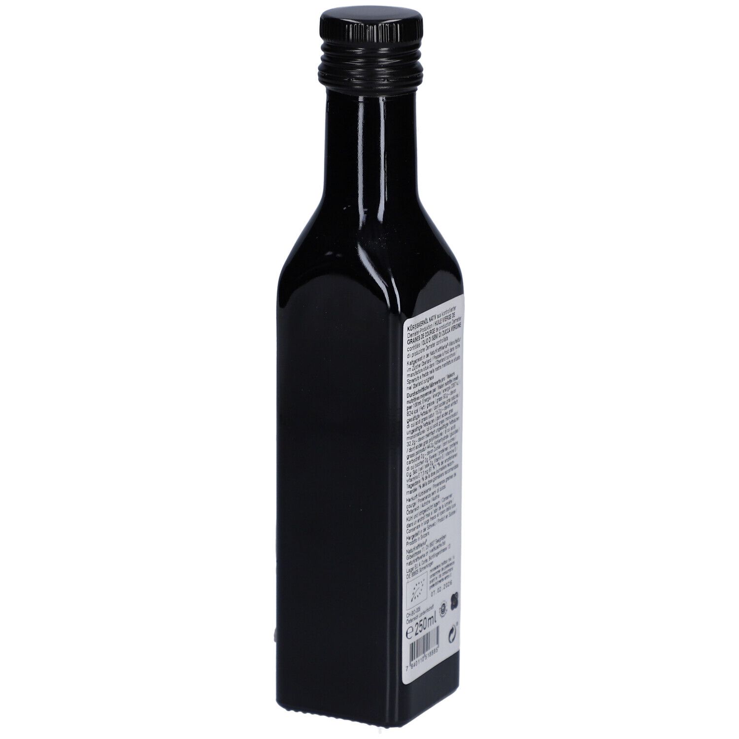 Bouteille en verre foncé, vue latérale. Étiquette avec informations textuelles et certifications. Volume 250ml.