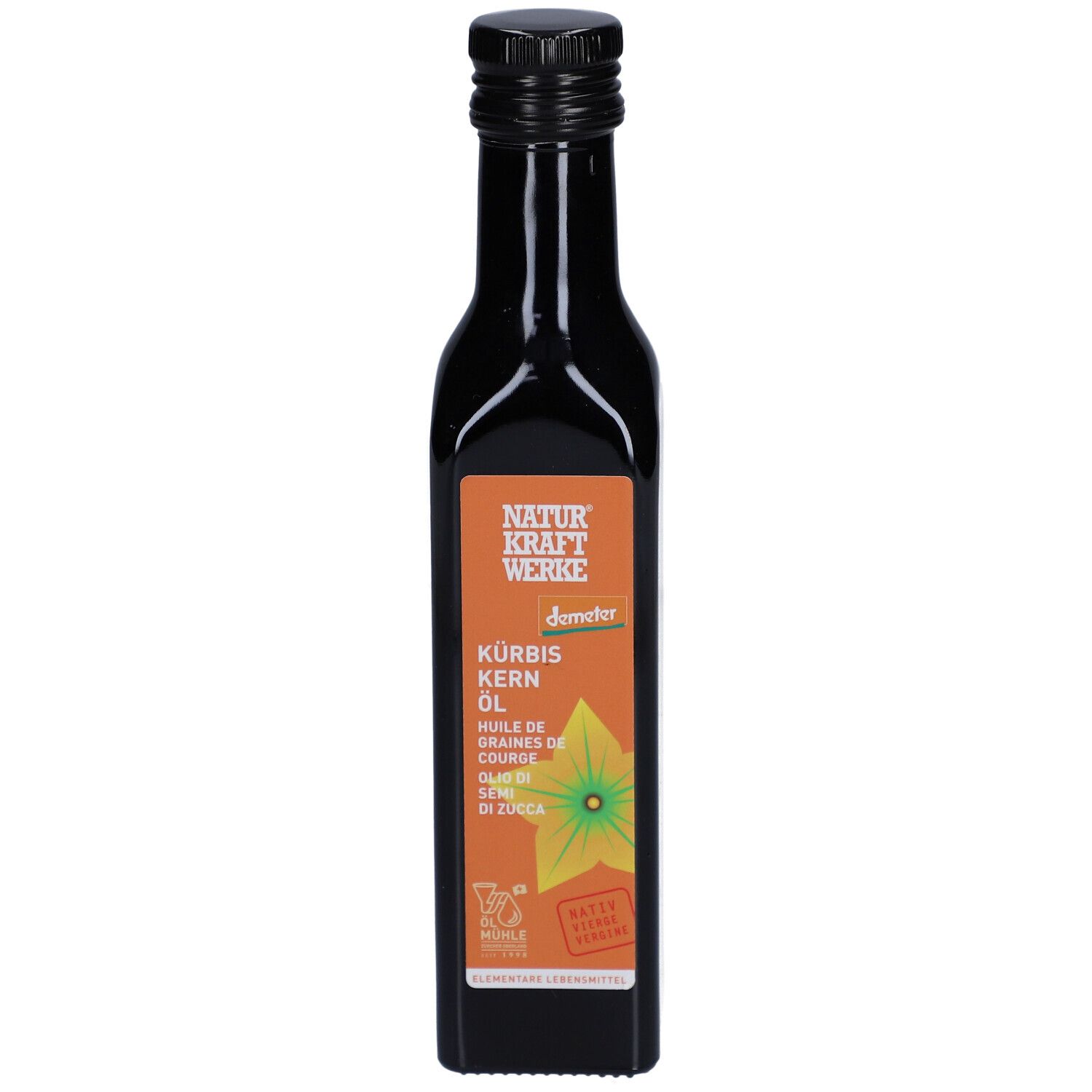 Bouteille en verre foncé avec bouchon noir. Étiquette avec nom du produit et logo. Certification Demeter.