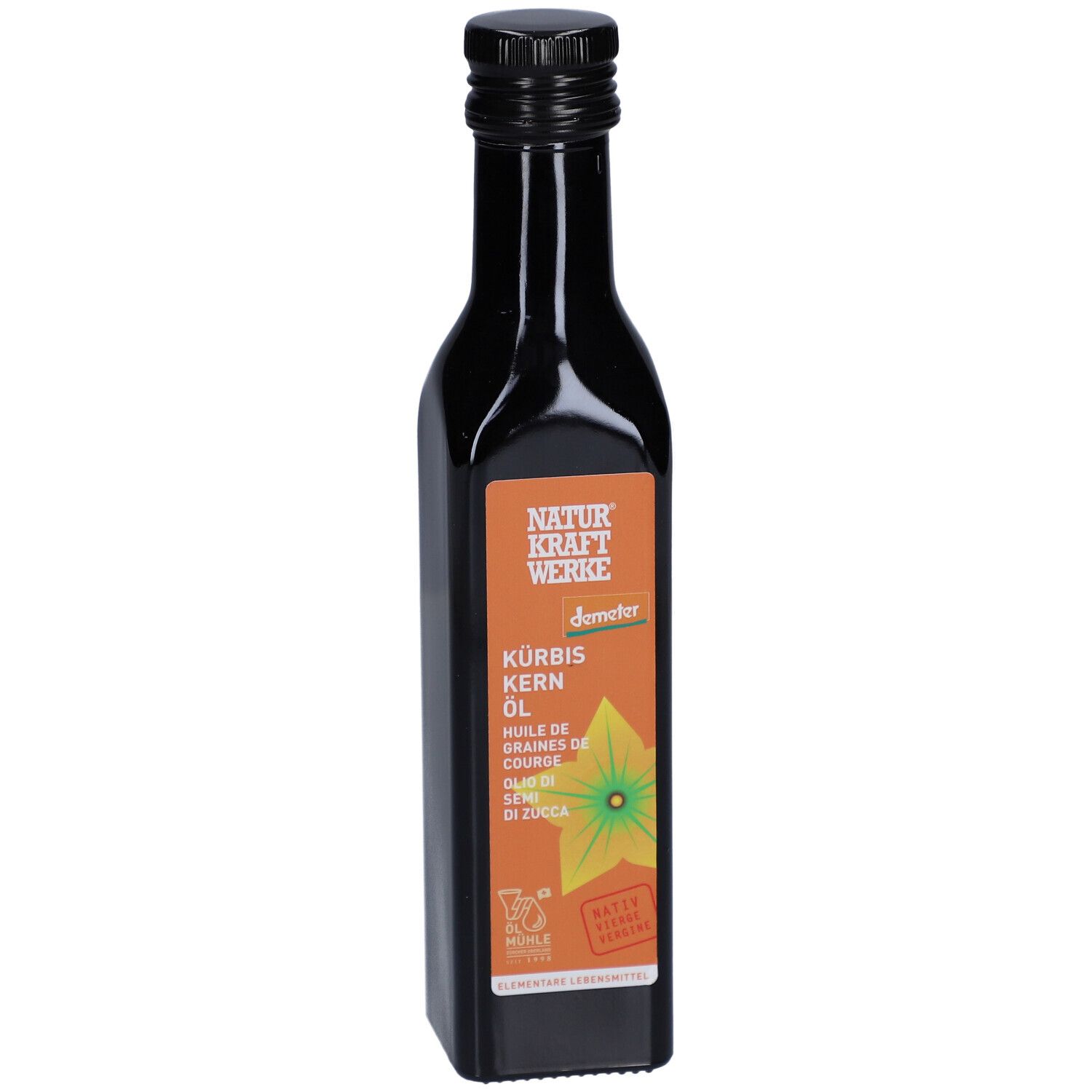 Bouteille en verre foncé avec bouchon noir. Étiquette avec nom du produit et logo. Certification Demeter.