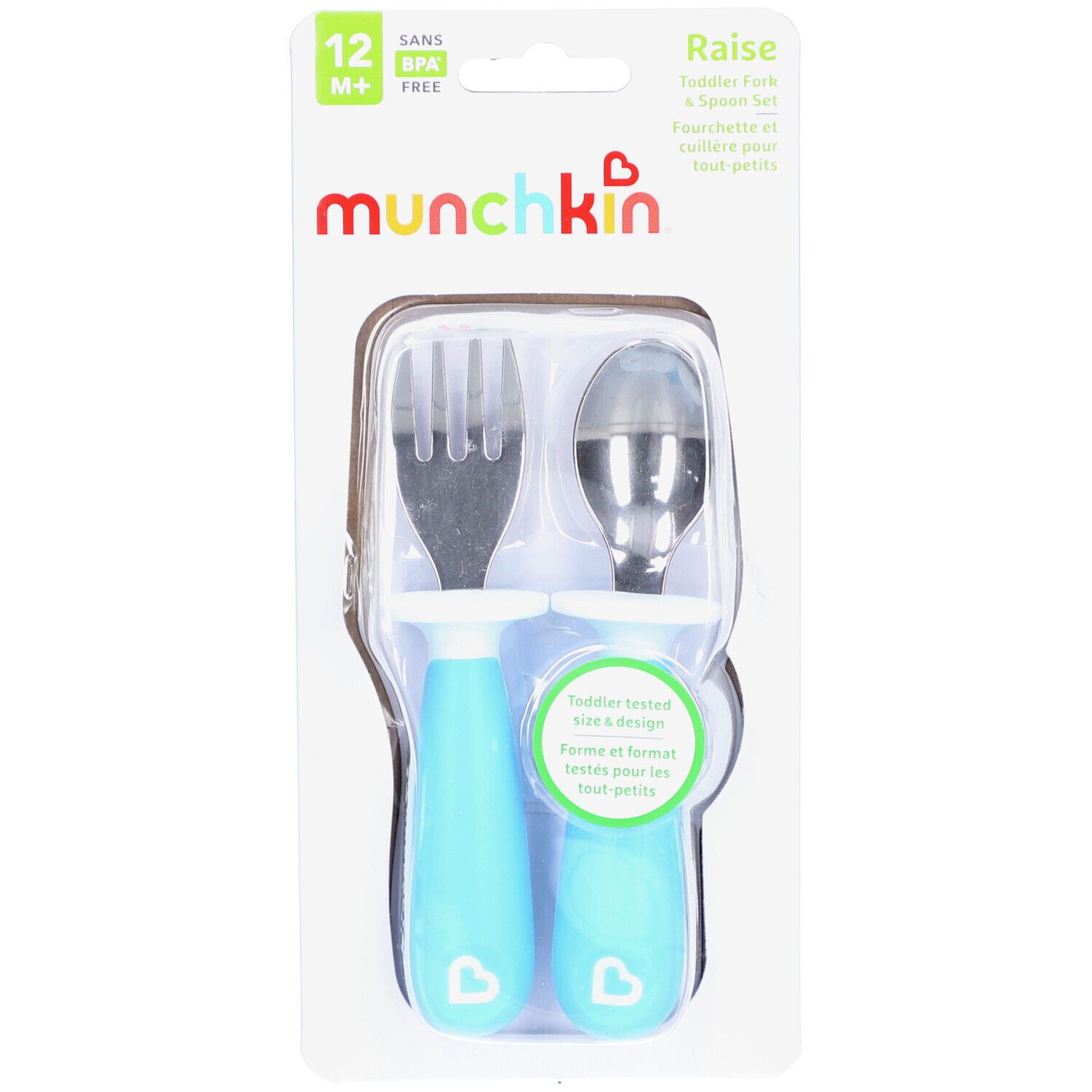 MUNCHKIN Raise RVS lepel en vork, 2-delig, verpakt. Lichtblauwe handvatten, RVS vork en lepel.